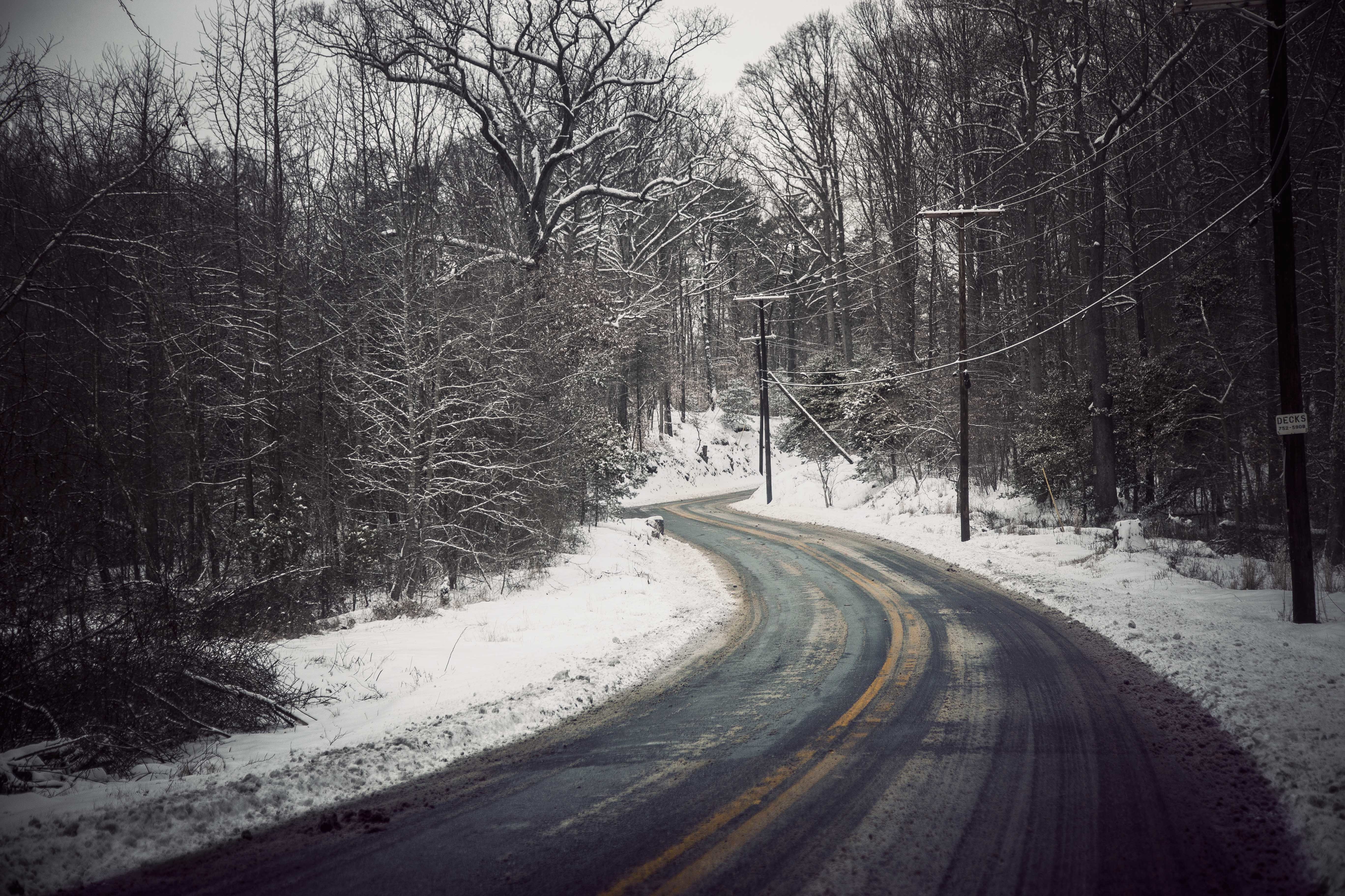 nature, snow, road, turn Free Background