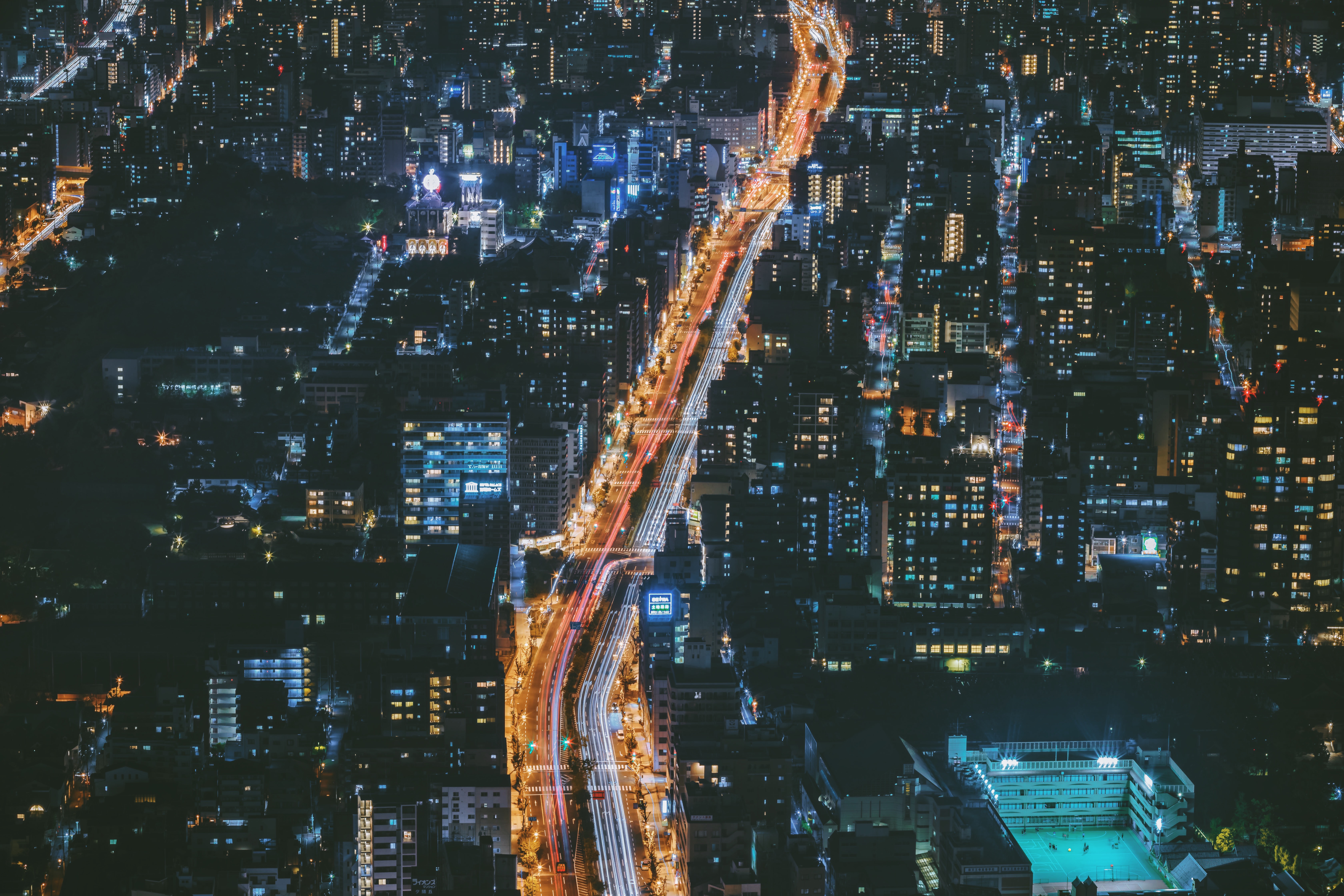 Download mobile wallpaper View From Above, Road, Building, Cities, Night City for free.
