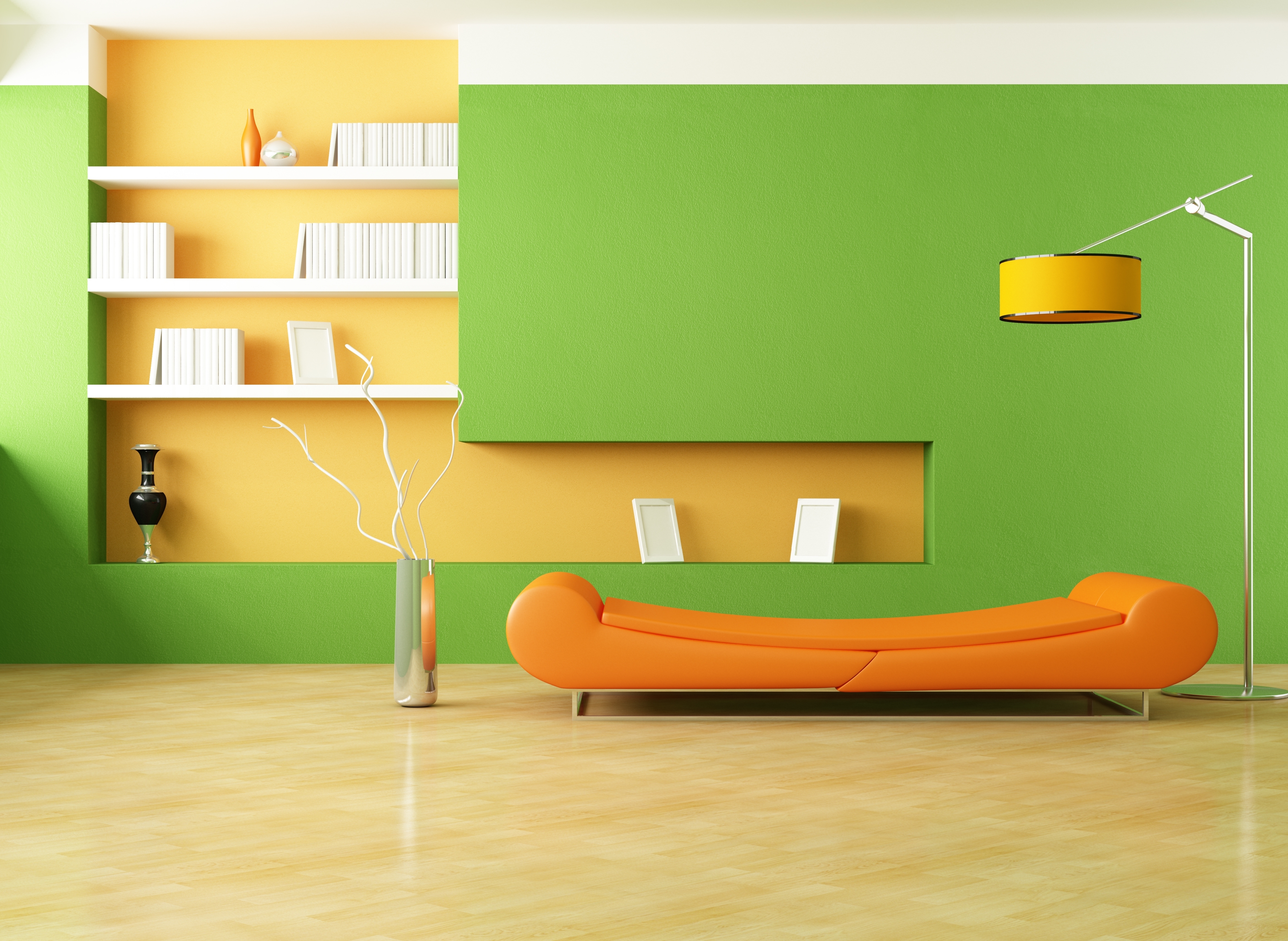 orange, minimalism, room, interior, miscellanea, miscellaneous, design, lamp, style, sofa, vases