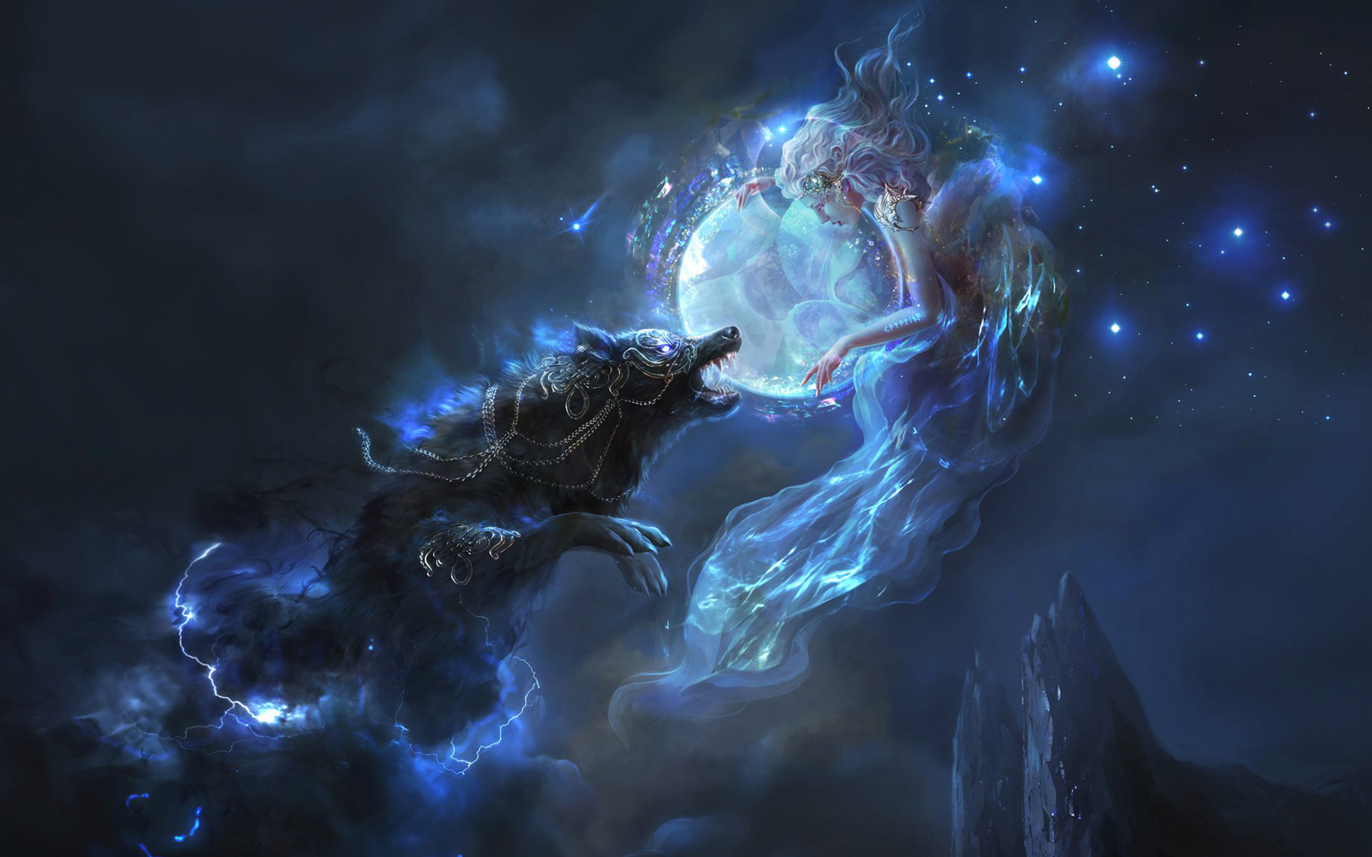fantasy animals, smoke, magic, fantasy, wolf, moon, spirit
