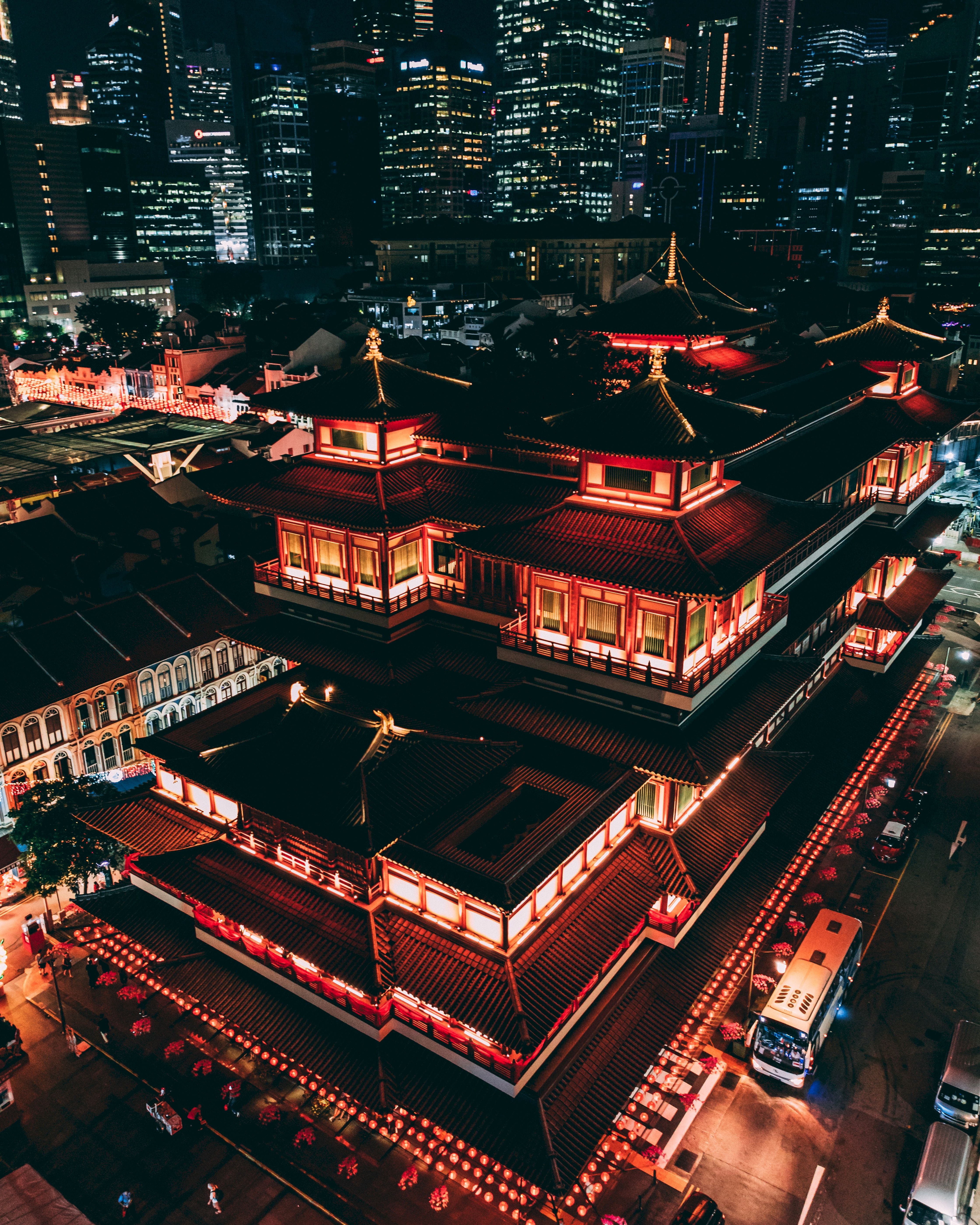pagoda, cities, architecture, view from above, night city, roof, china, roofs 4K