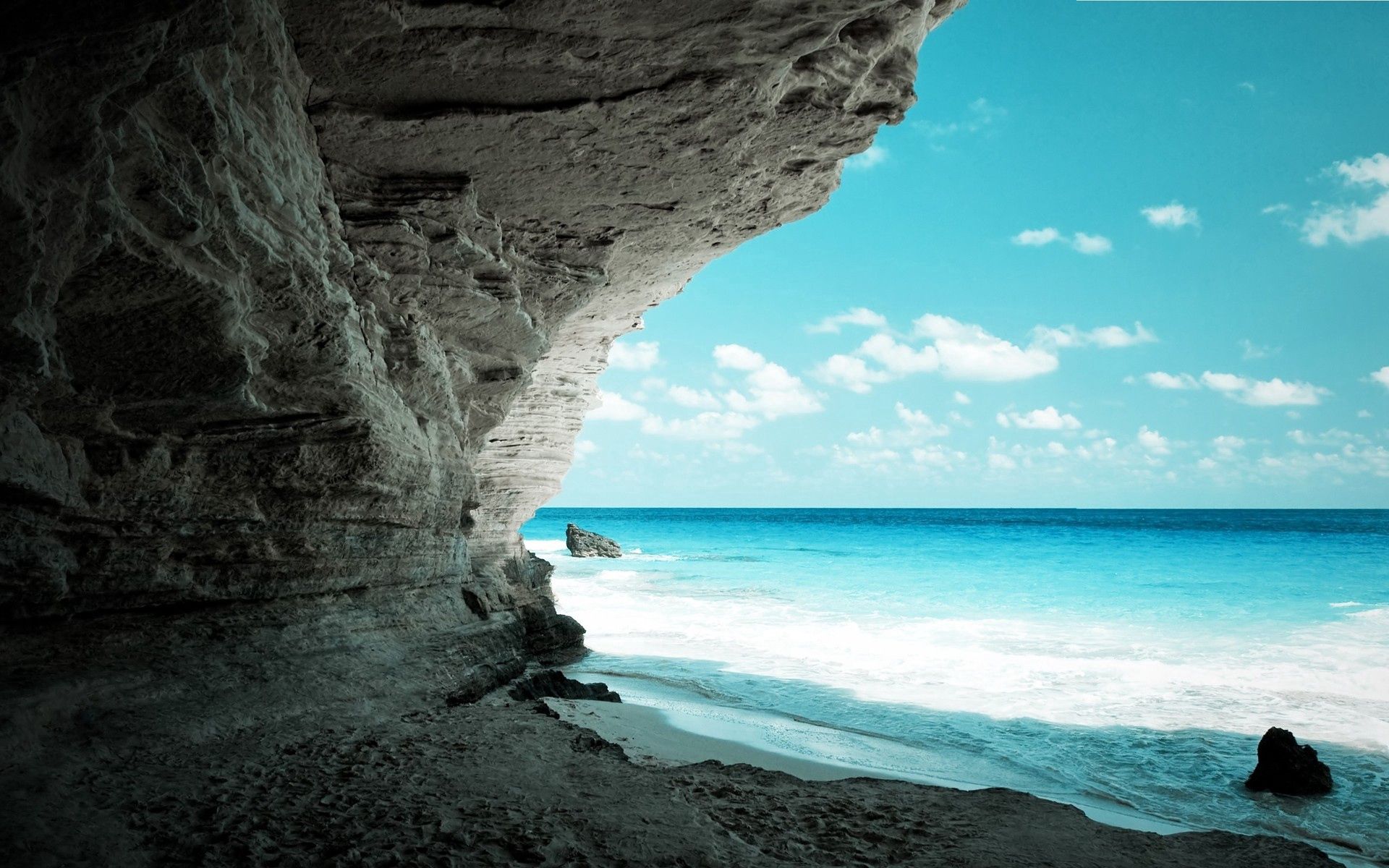 cave, paradise, shore, bank, nature, sea, rock Full HD