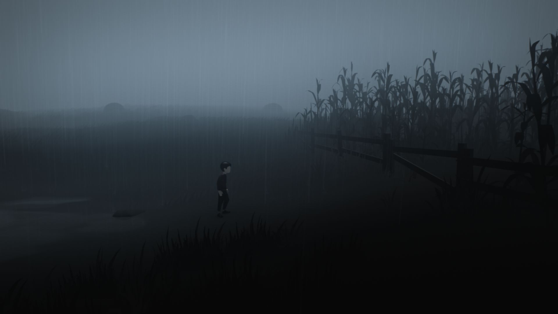 video game, inside, cornfield, fence, inside (video game), rain 32K