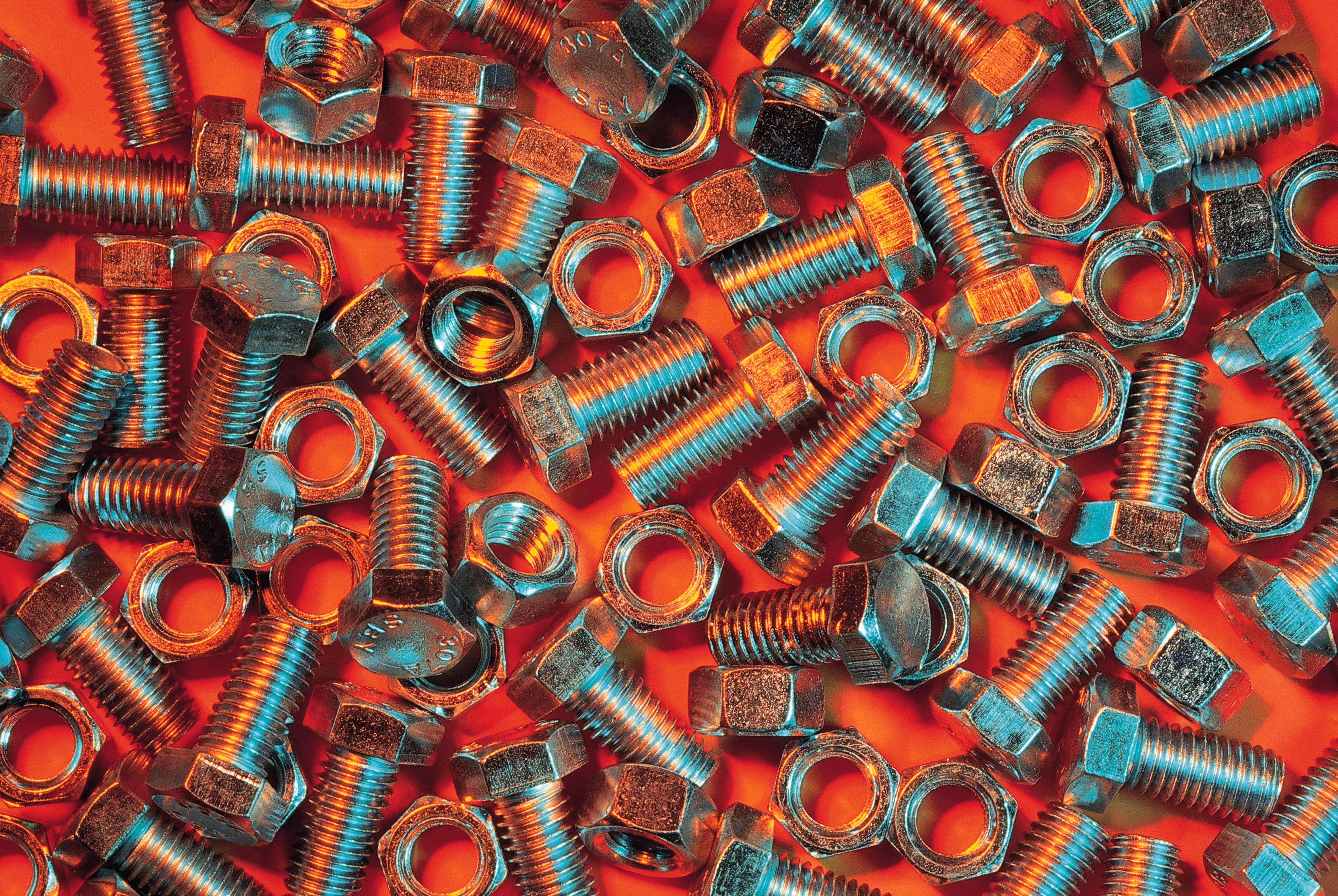 nuts, miscellanea, miscellaneous, metal, orange background, bolts