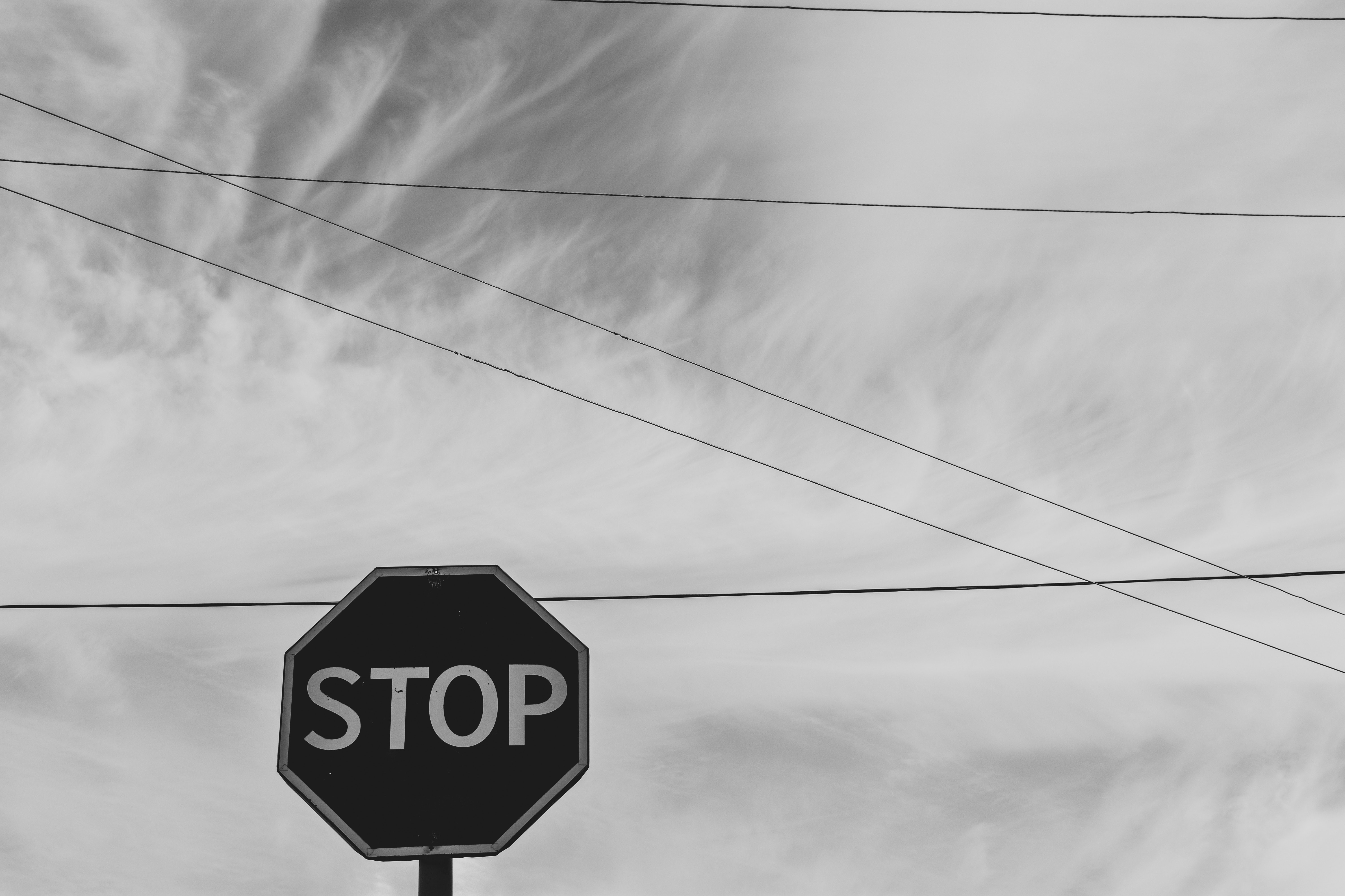 wires, stop, sky, words, bw, chb, sign, wire UHD