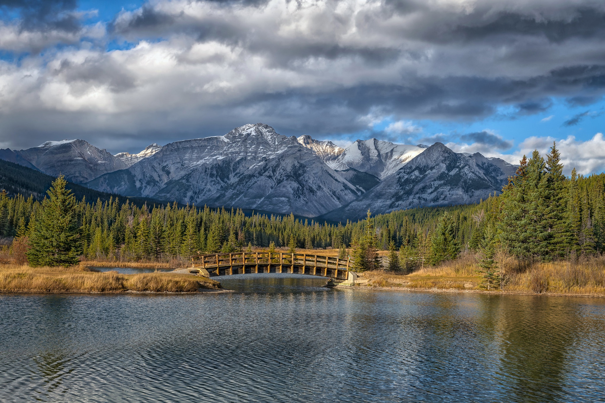 vertical wallpaper earth, banff national park, alberta, bridge, canada, forest, lake, mountain, rocky mountains, national park