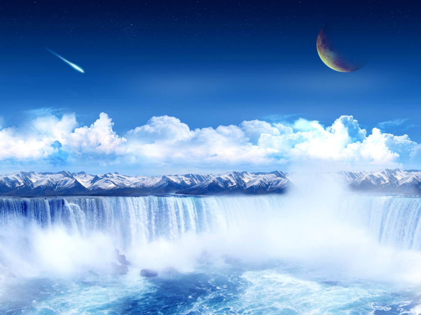 Download mobile wallpaper Clouds, Landscape, Mountains, Moon, Waterfalls, Fantasy for free.
