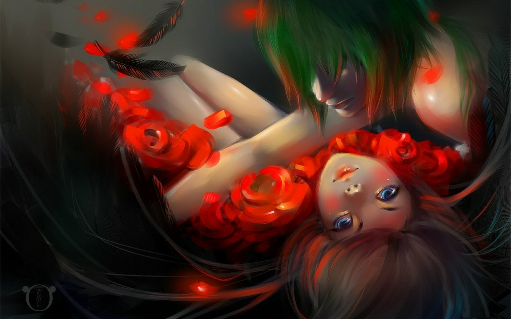 Рыжая девушка лежит в цветах арт