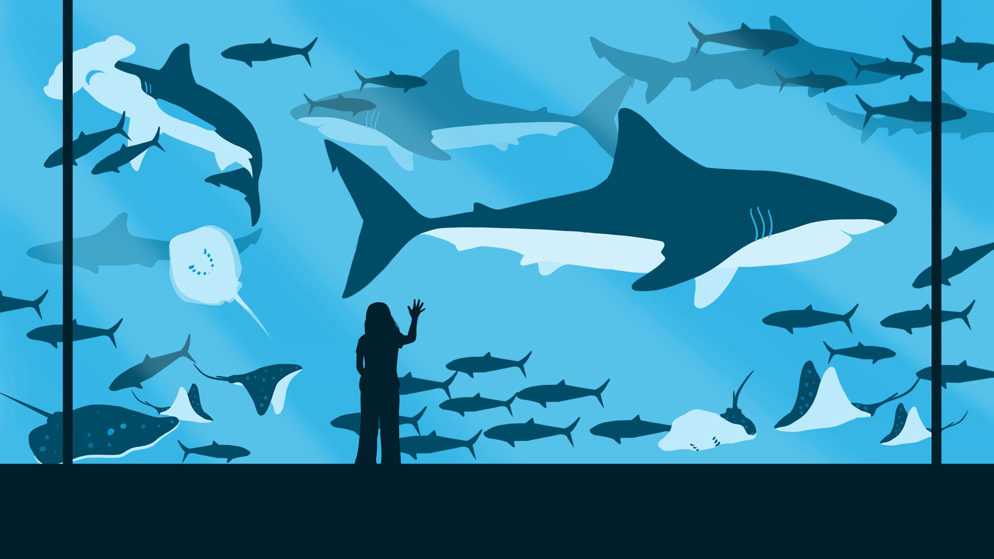 120646 baixar imagens sharks, peixes, vetor, menina, garota, oceanário - papéis de parede e protetores de tela gratuitamente