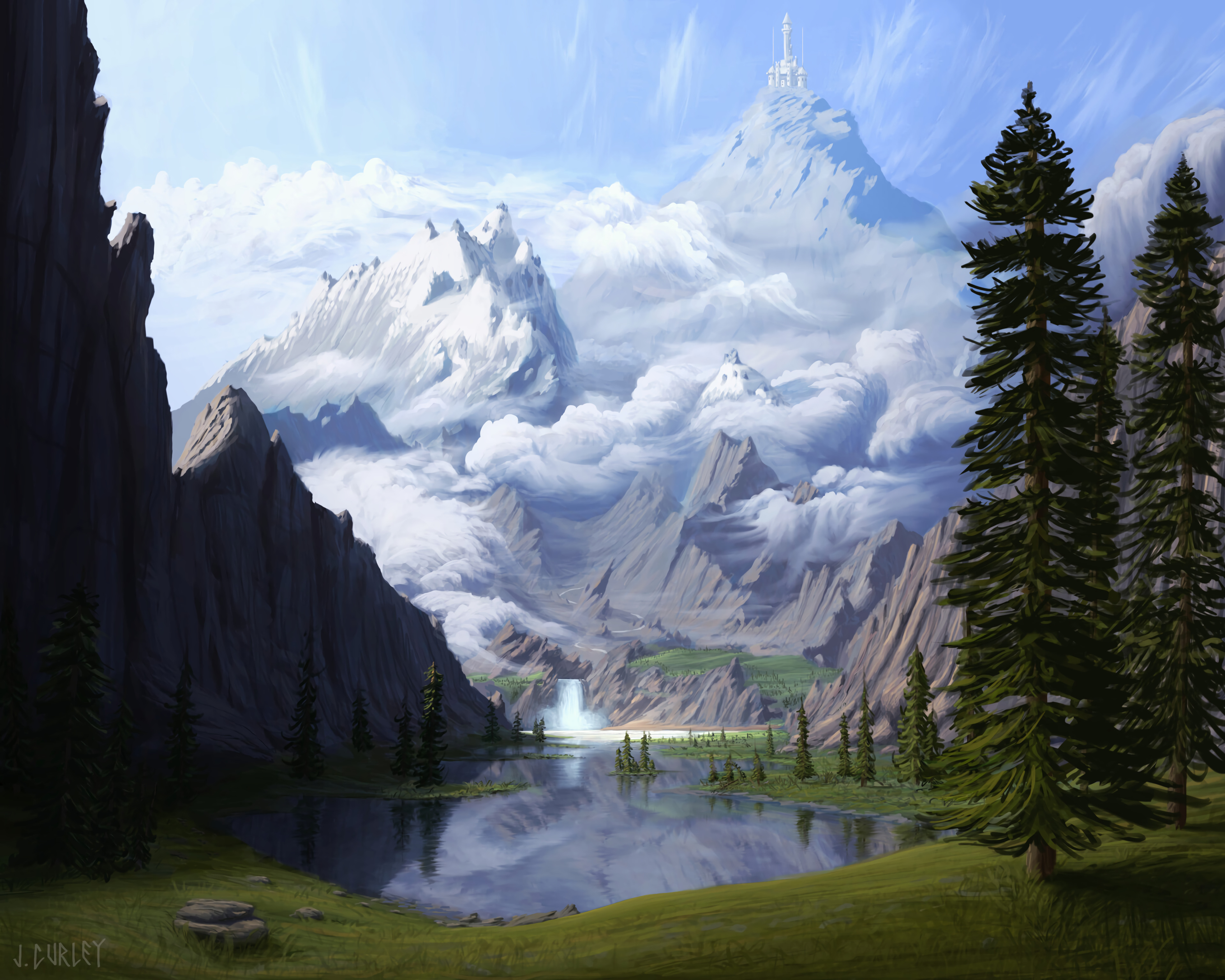 mountains, polyana, art, lake, waterfall, forest, glade download HD wallpaper