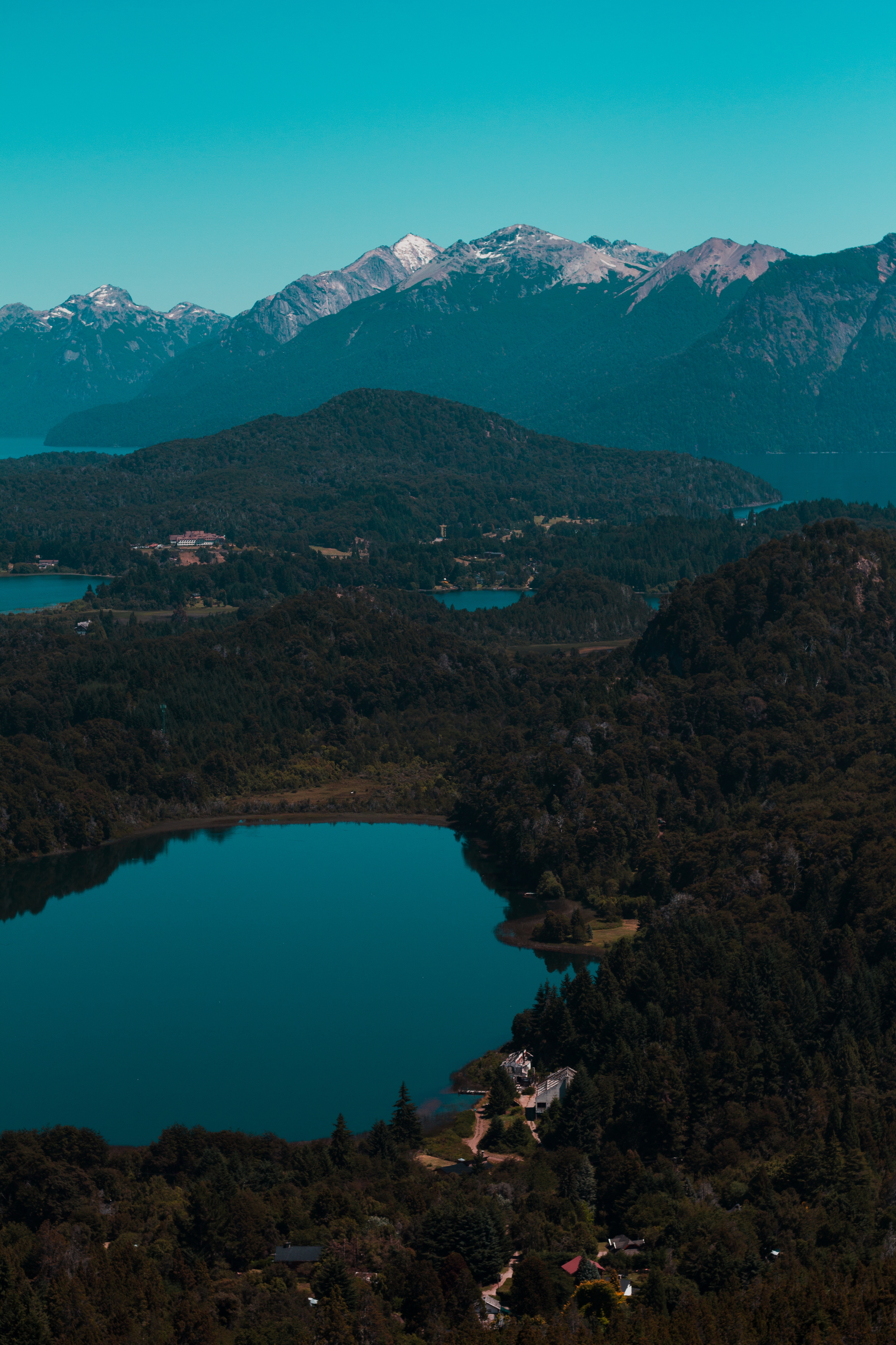 nature, trees, mountains, view from above, lake, woods, scaffolding 4K