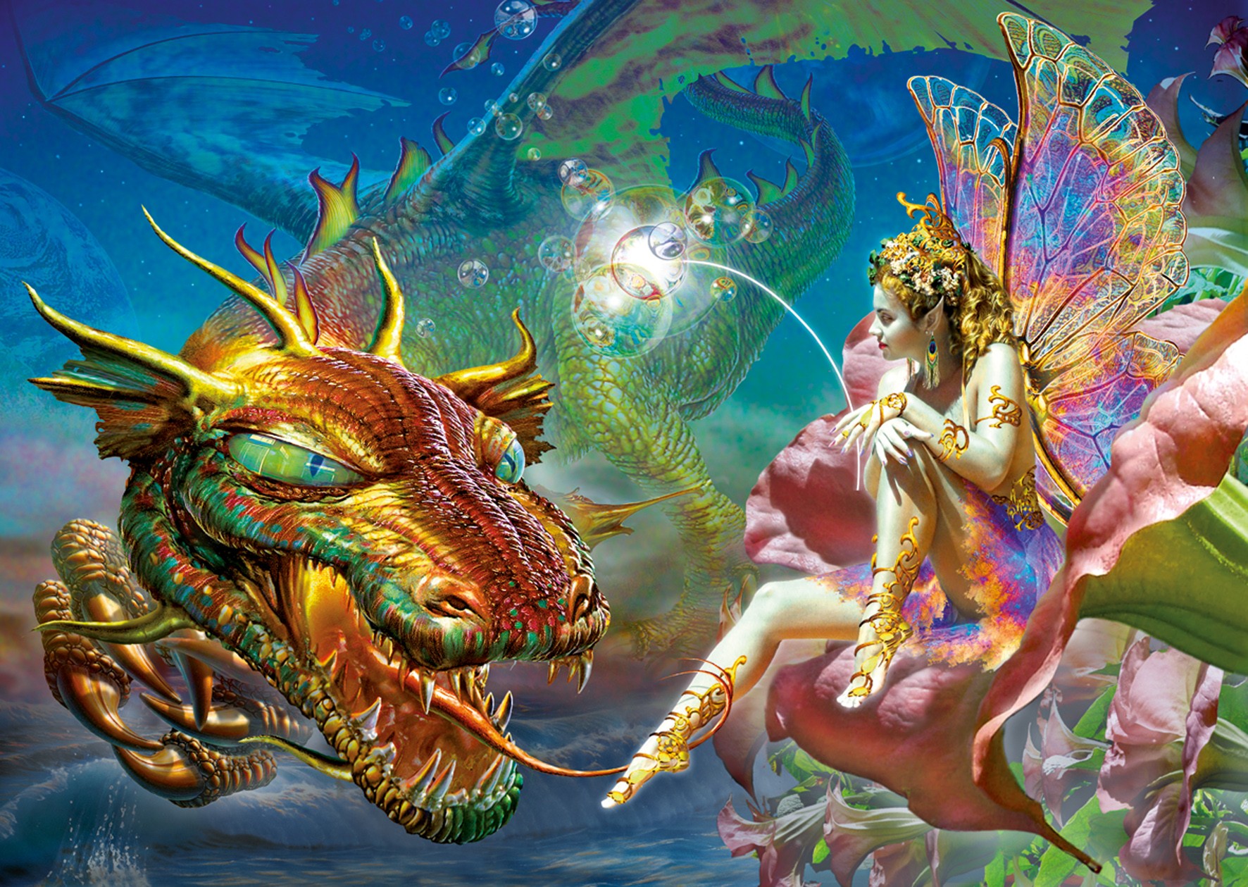 flower, fairy, fantasy, colorful, gold, dragon, wings Full HD