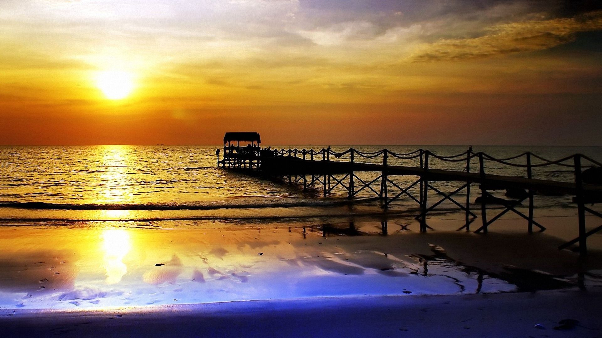 nature, sunset, sea, orange, reflection, pier, evening, fencing, enclosure, calm