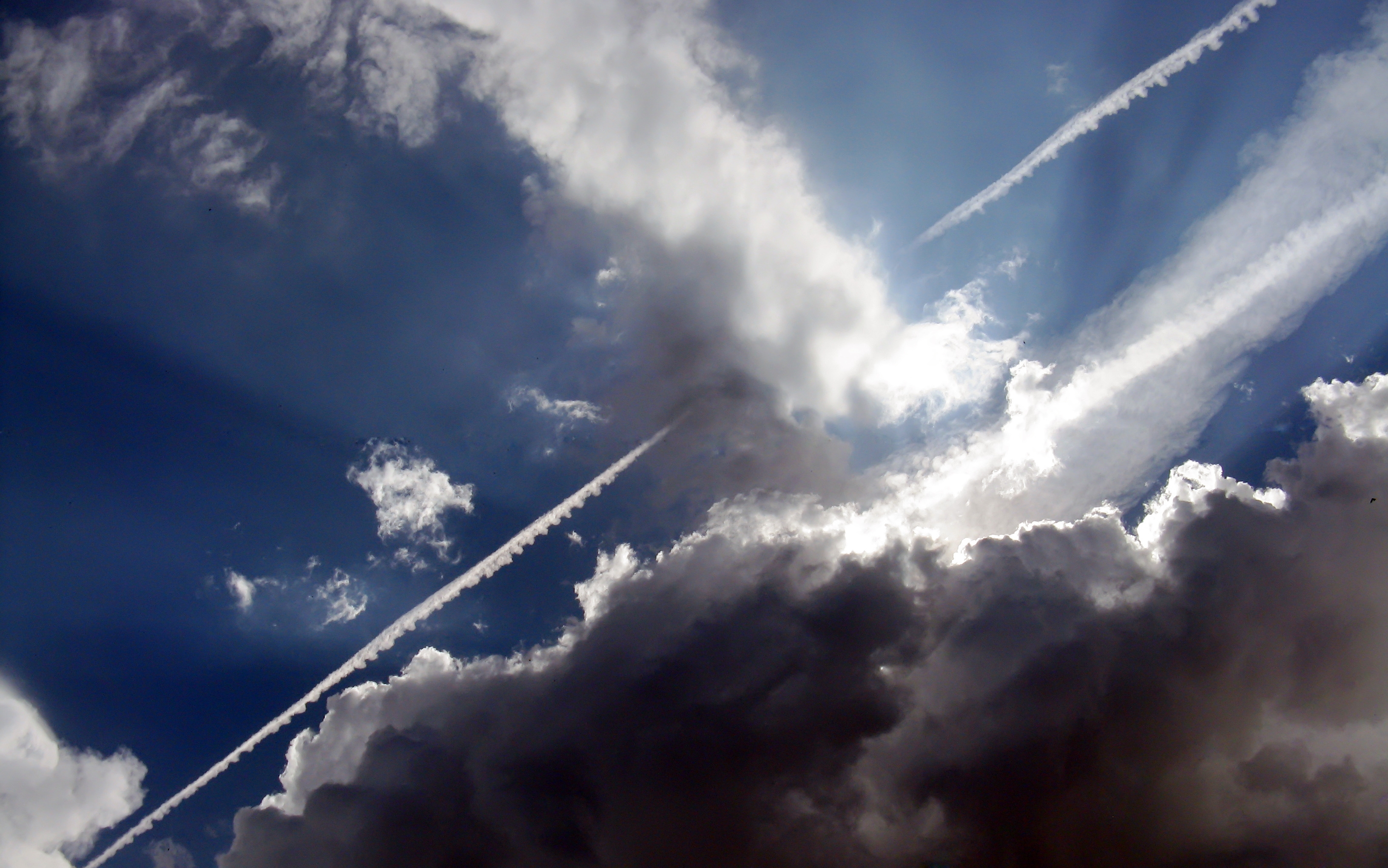 clouds, nature, sky, plane, airplane, line, track, trace, band, stripe Full HD
