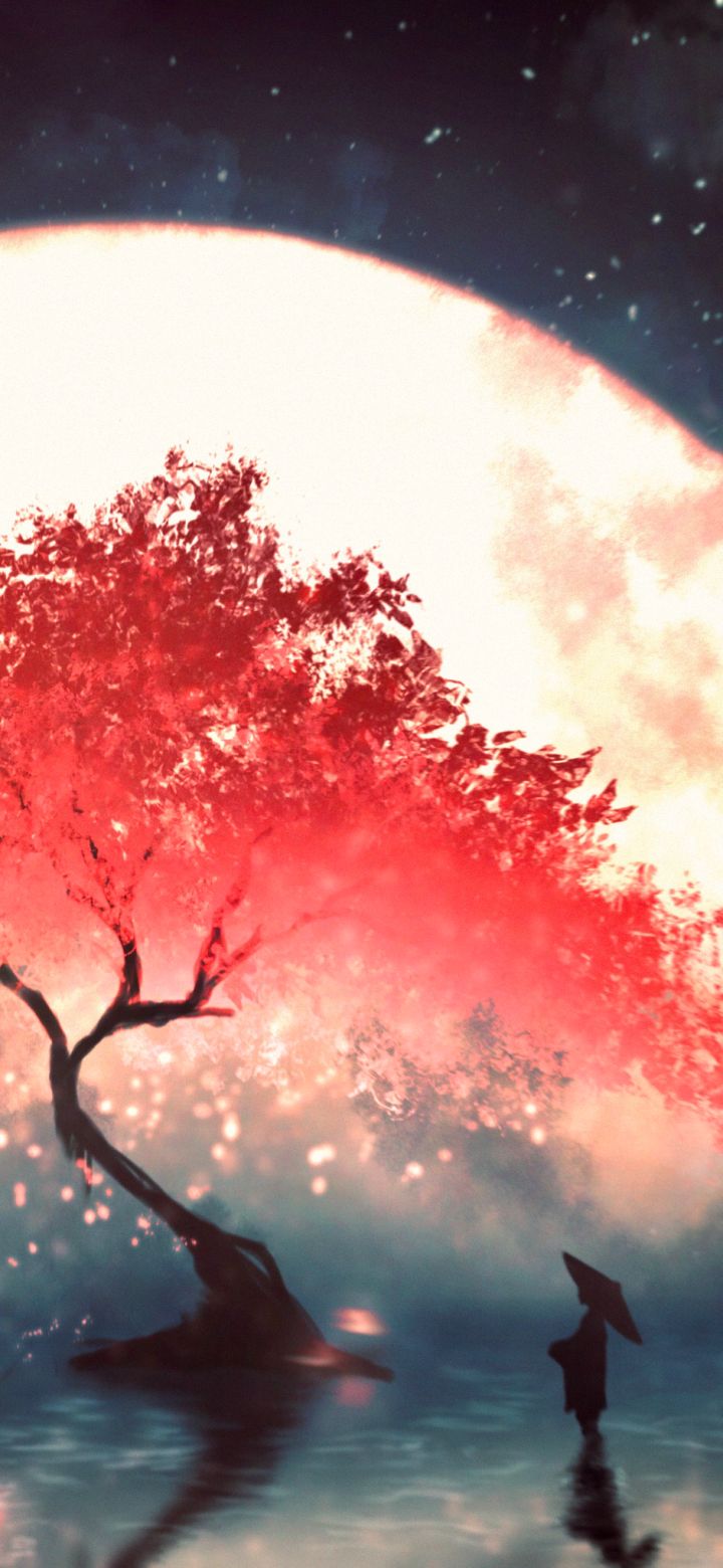 Download mobile wallpaper Anime, Moon, Sakura, Tree, Starry Sky for free.