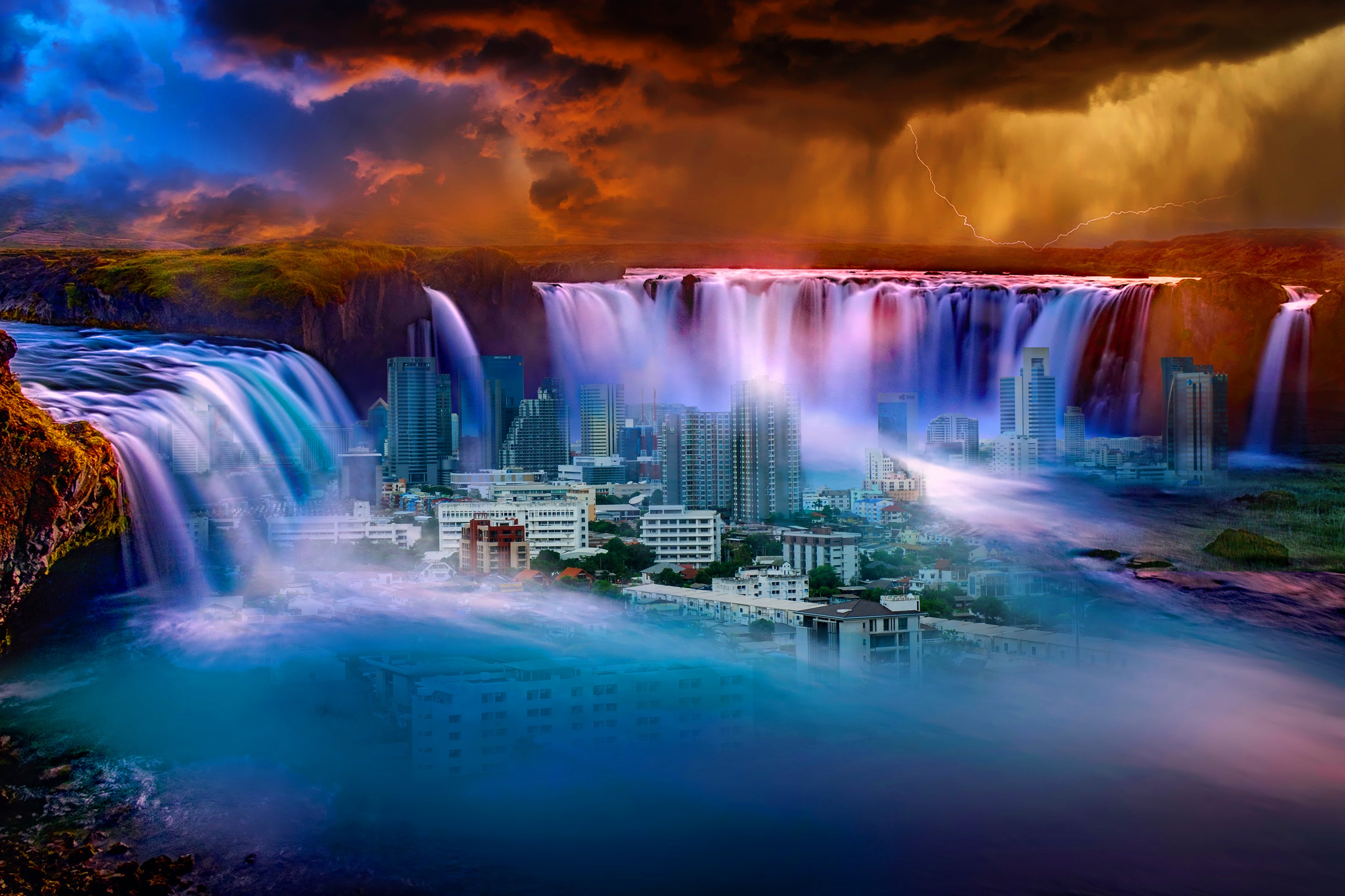 Laden Sie das Stadt, Verschiedenes, Sonstige, Wasserfall, Surrealismus, Fantasy, Fantasie-Bild kostenlos auf Ihren PC-Desktop herunter