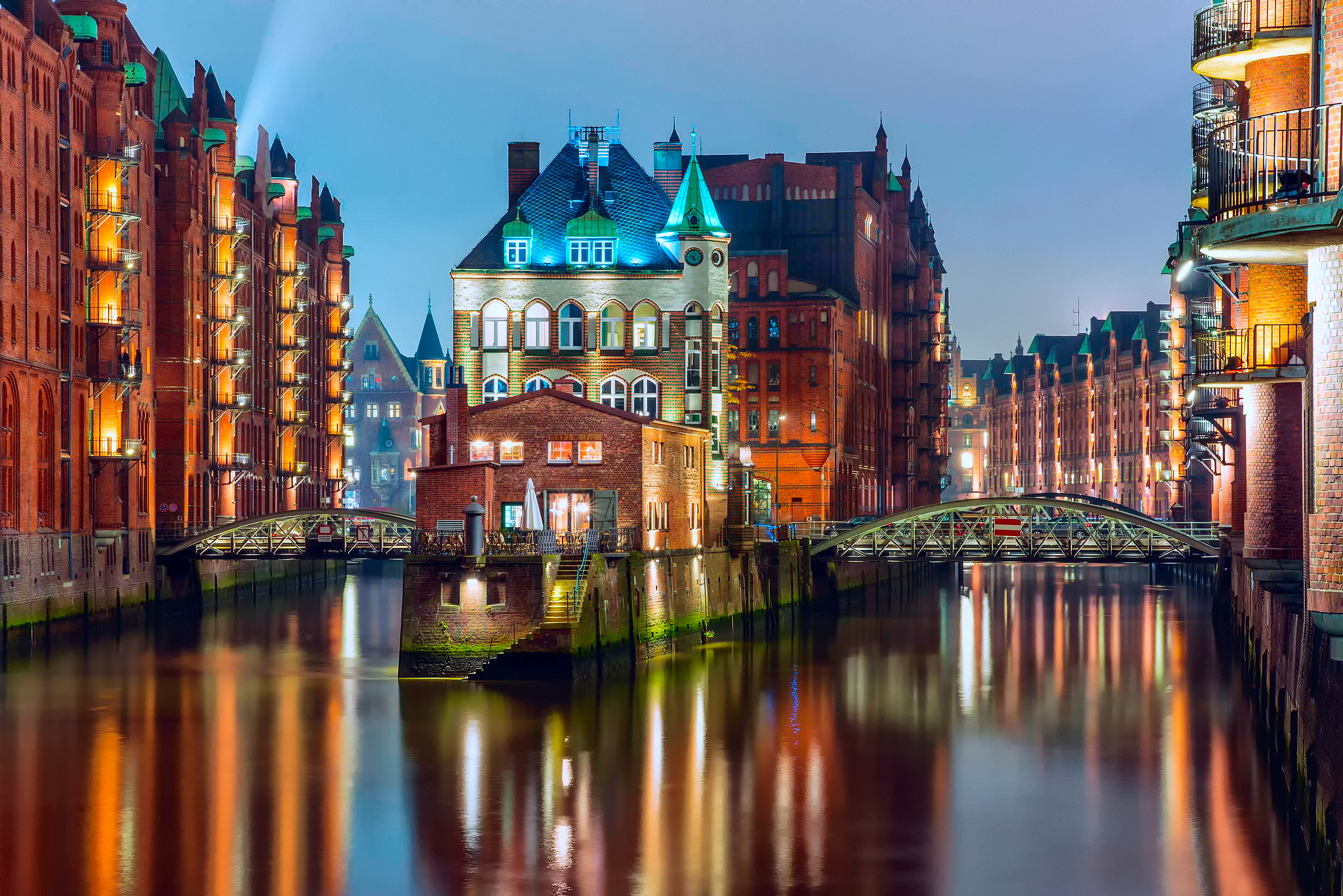 hamburg, light, man made, building, canal, germany, house, night, town, cities 4K