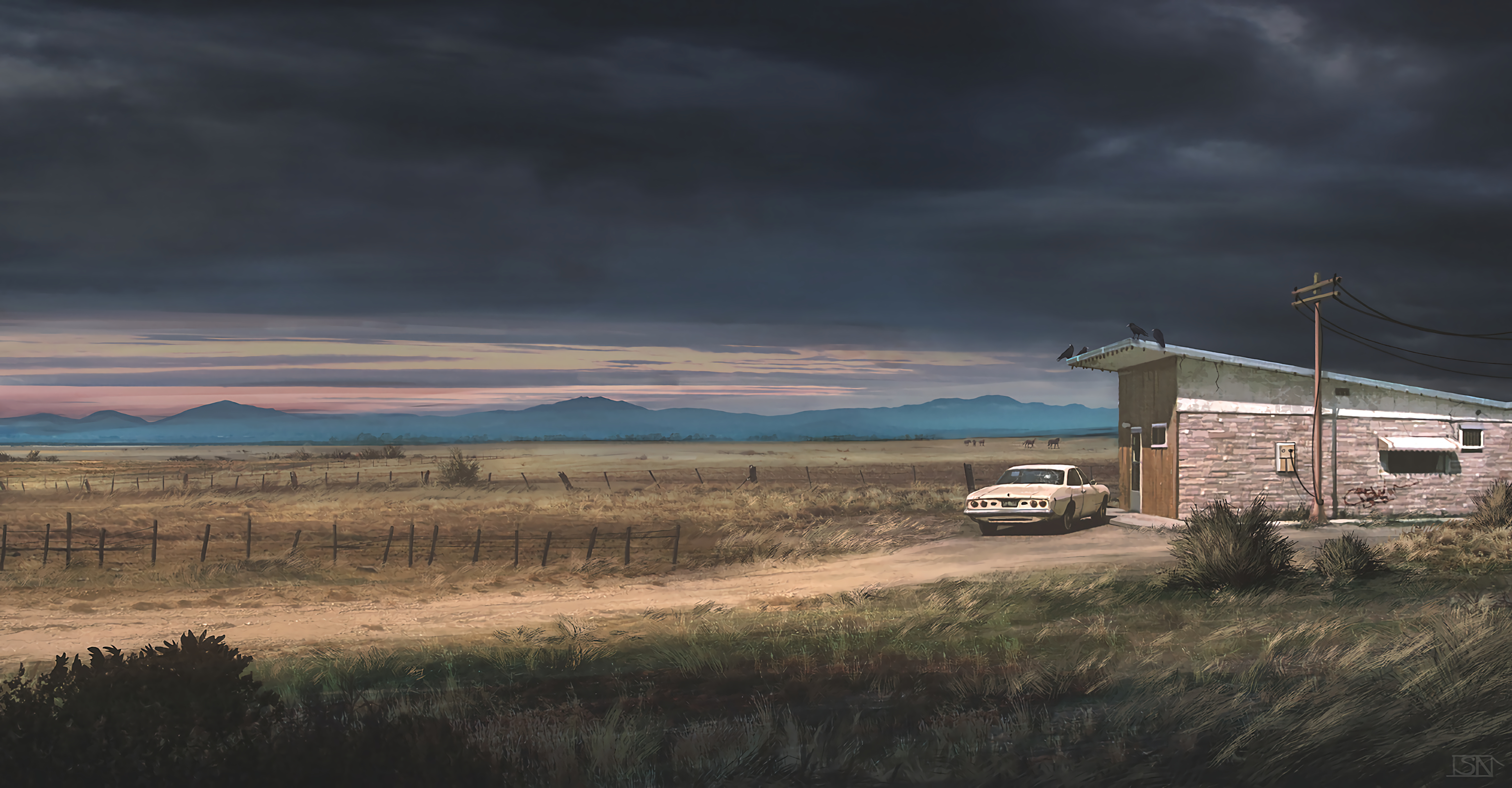 Free download wallpaper Country, Ranch, Rain Clouds, Building, Car, Art, Landscape on your PC desktop