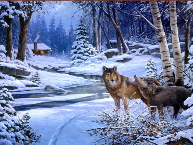1176133 Hintergrundbild herunterladen tiere, wolf, malerei, schnee, birken, birke, wald, winter, wolves - Bildschirmschoner und Bilder kostenlos