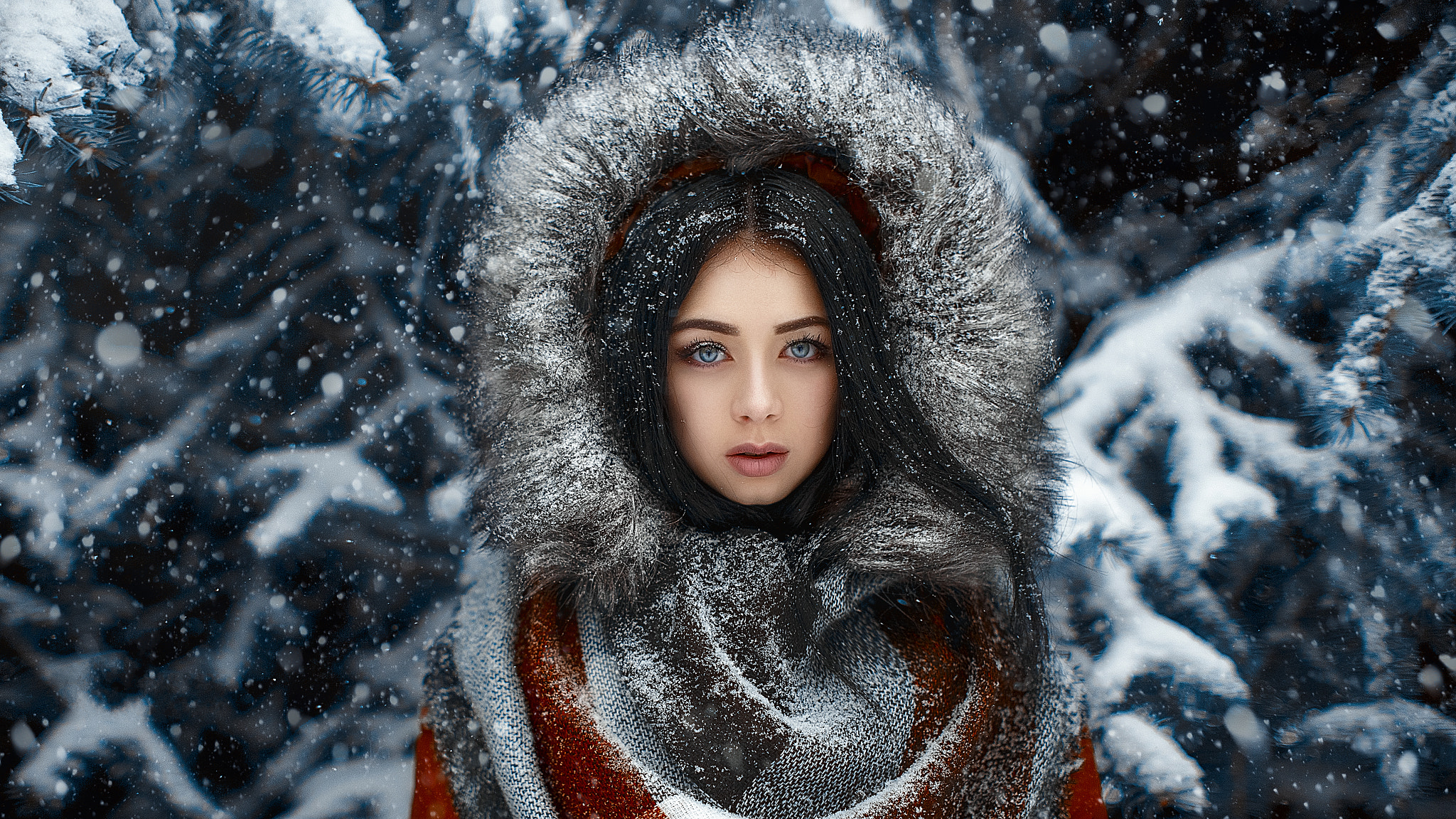 snow, women, model, black hair, blue eyes, coat, fur, long hair, winter