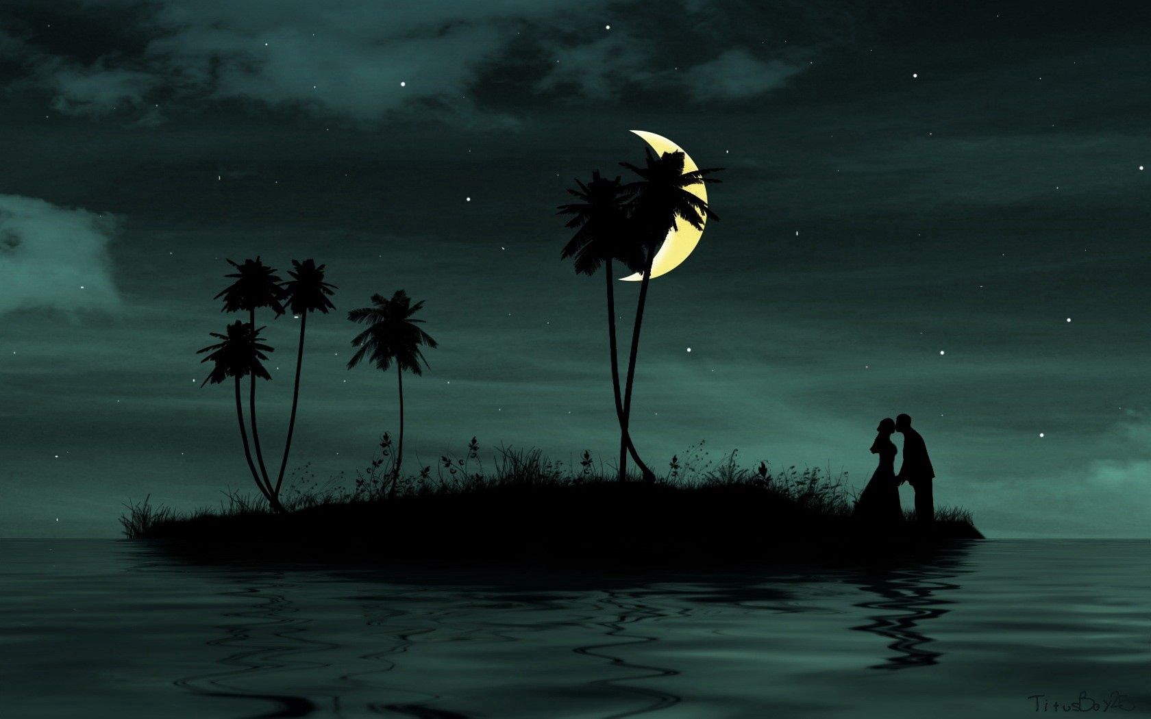 1920 x 1080 picture couple, vector, sea, moon, palms, pair, island