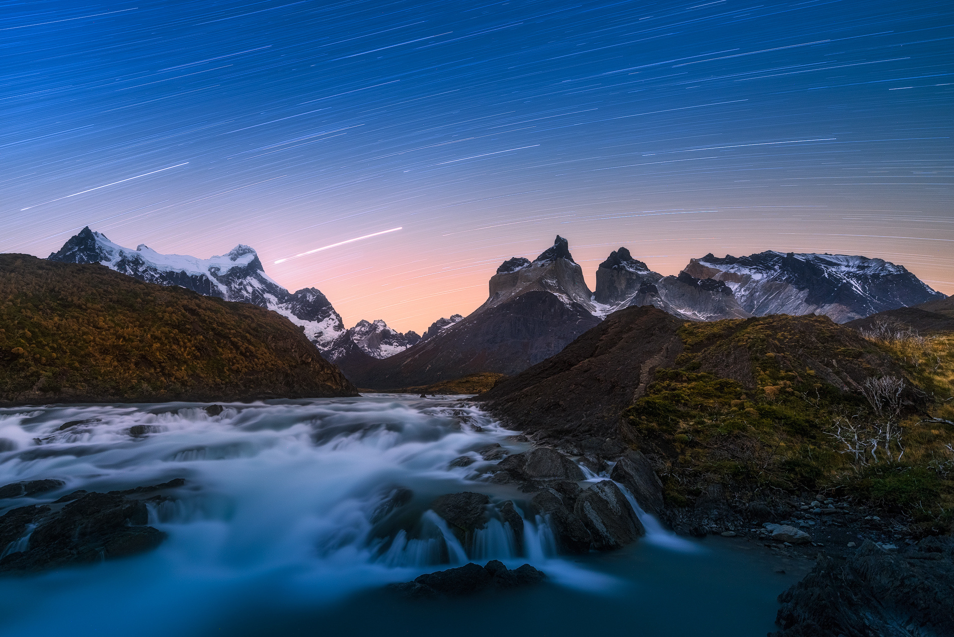 earth, torres del paine, chile, landscape, mountain, night, patagonia, river, stars, time lapse, mountains