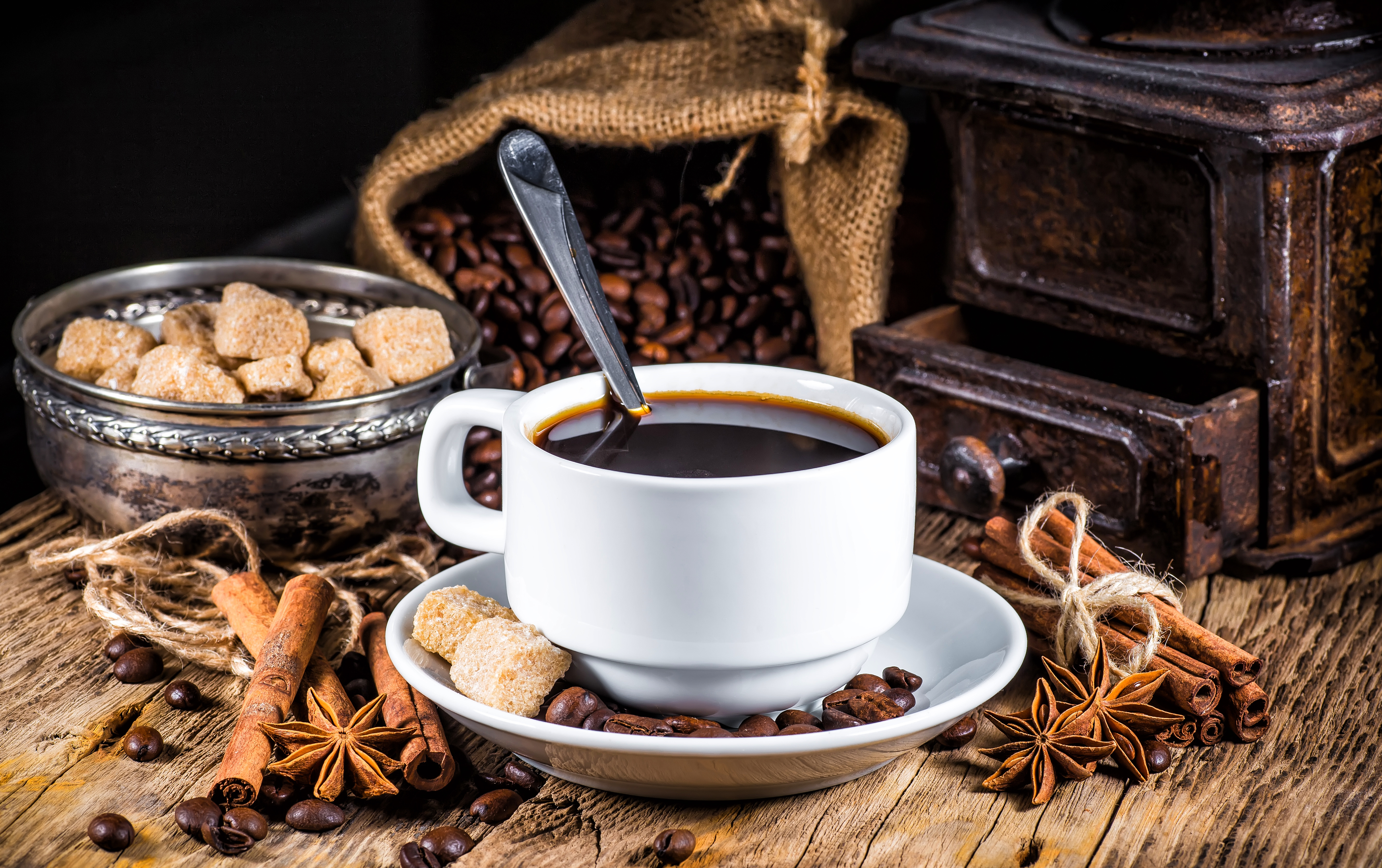 food, coffee, cinnamon, coffee beans, cup, star anise, still life, sugar High Definition image