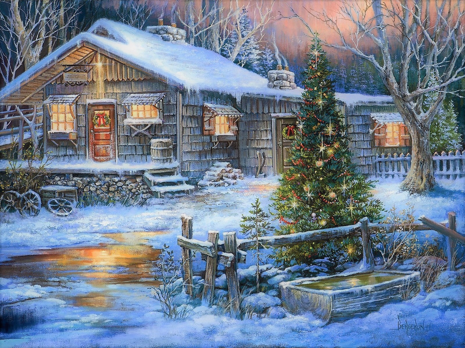874776 descargar imagen artístico, pintura, árbol de navidad, navidad, país, día festivo, casa, nieve, árbol, invierno: fondos de pantalla y protectores de pantalla gratis