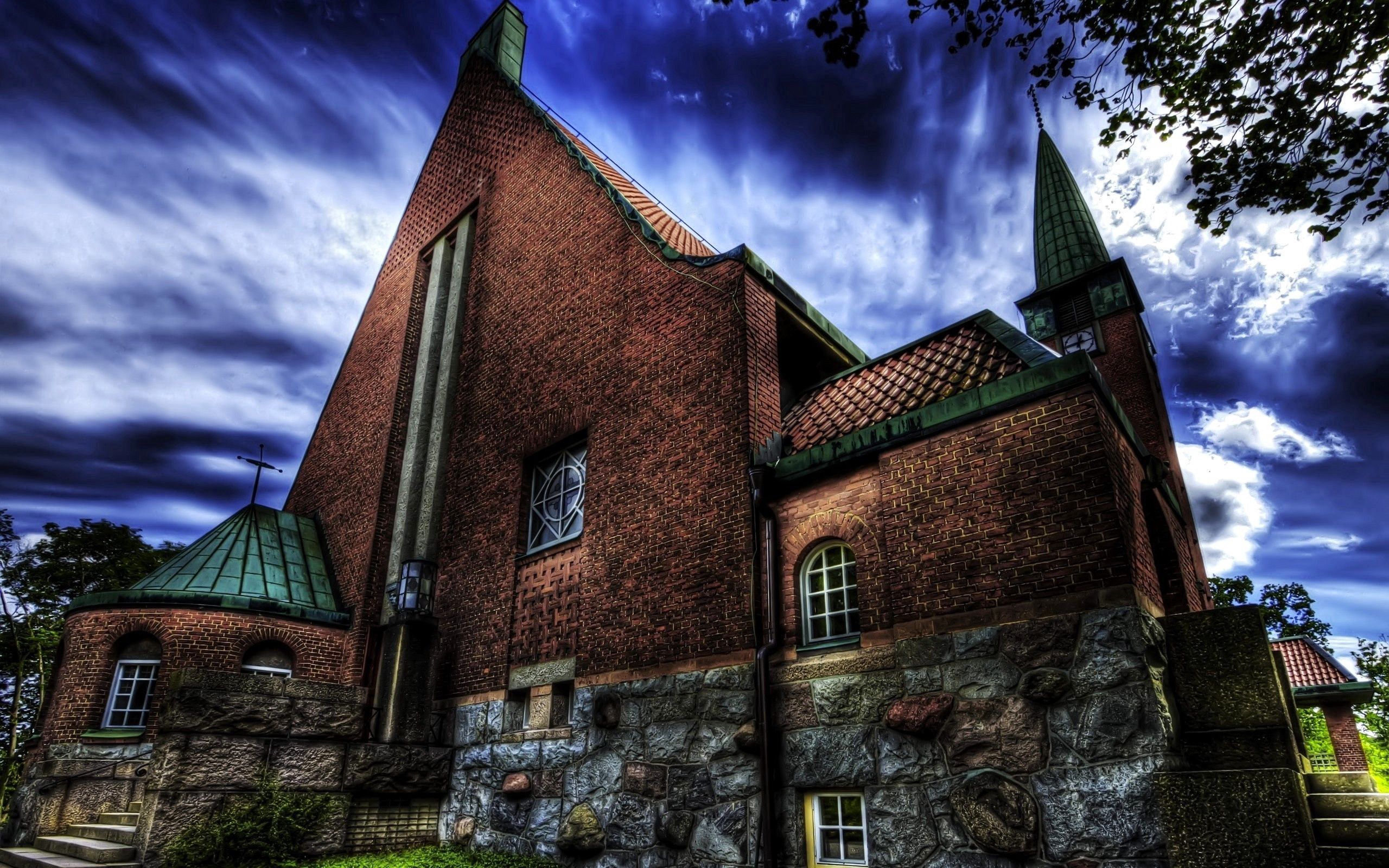 Download mobile wallpaper Masonry, Hdr, Building, Cities, Church, Brick, Night for free.