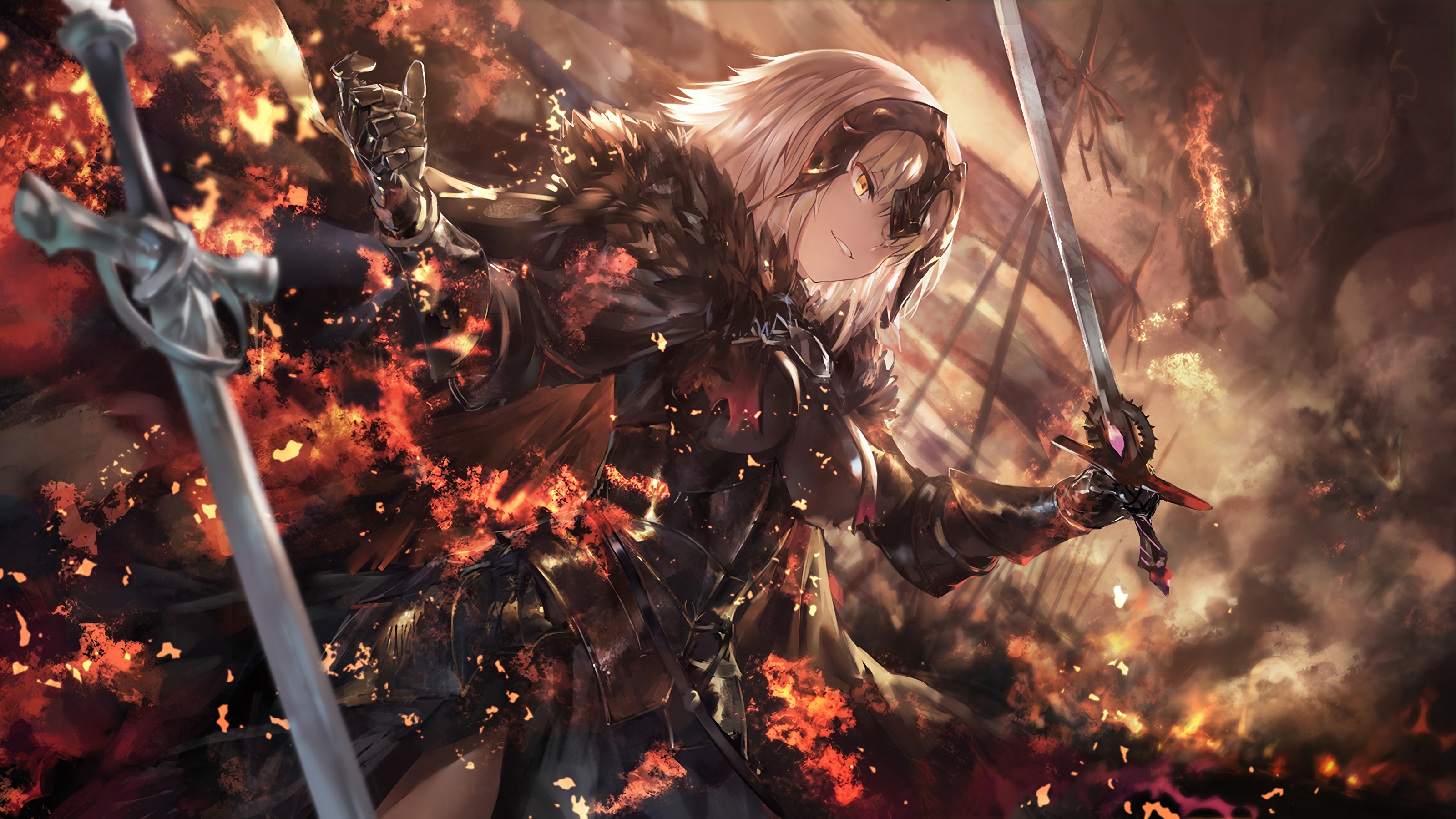 avenger (fate/grand order), jeanne d'arc alter, fate (series), fate/grand order, woman warrior, anime, dragon, fire, flag, flame, short hair, smile, sword, weapon, white hair, yellow eyes, fate series
