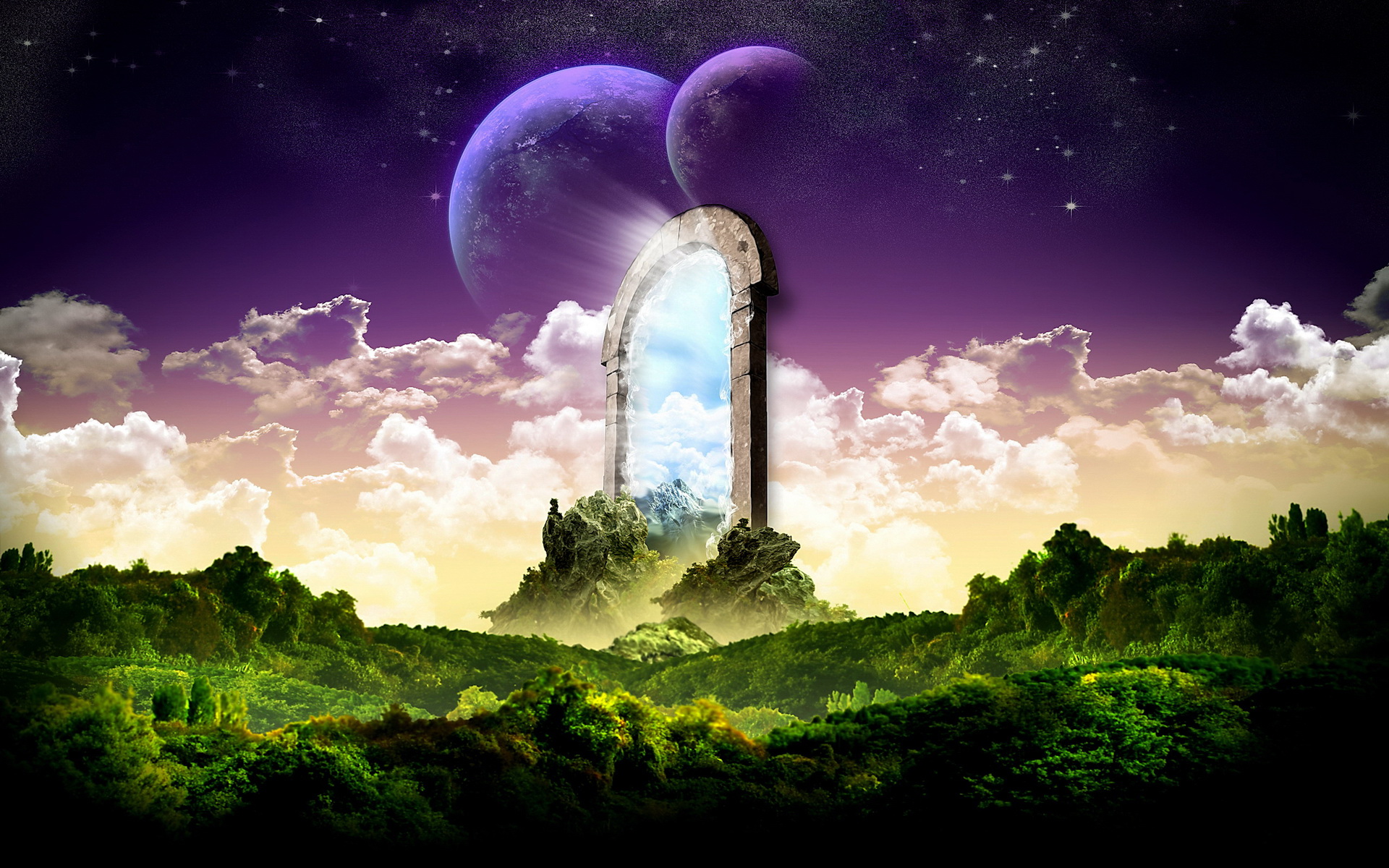 fantasy, magic, stars, landscape, a dreamy world, earth, cloud, gate Smartphone Background