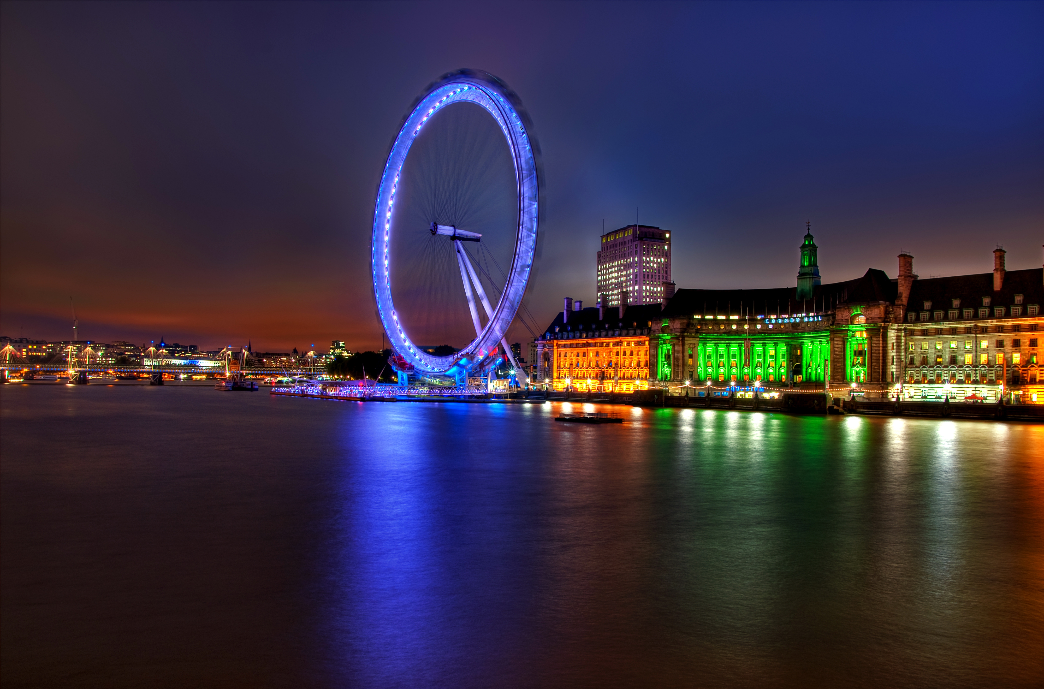 building, lights, great britain, london, architecture, united kingdom, cities, rivers, illumination, backlight, evening, ferris wheel, england, capital, thames