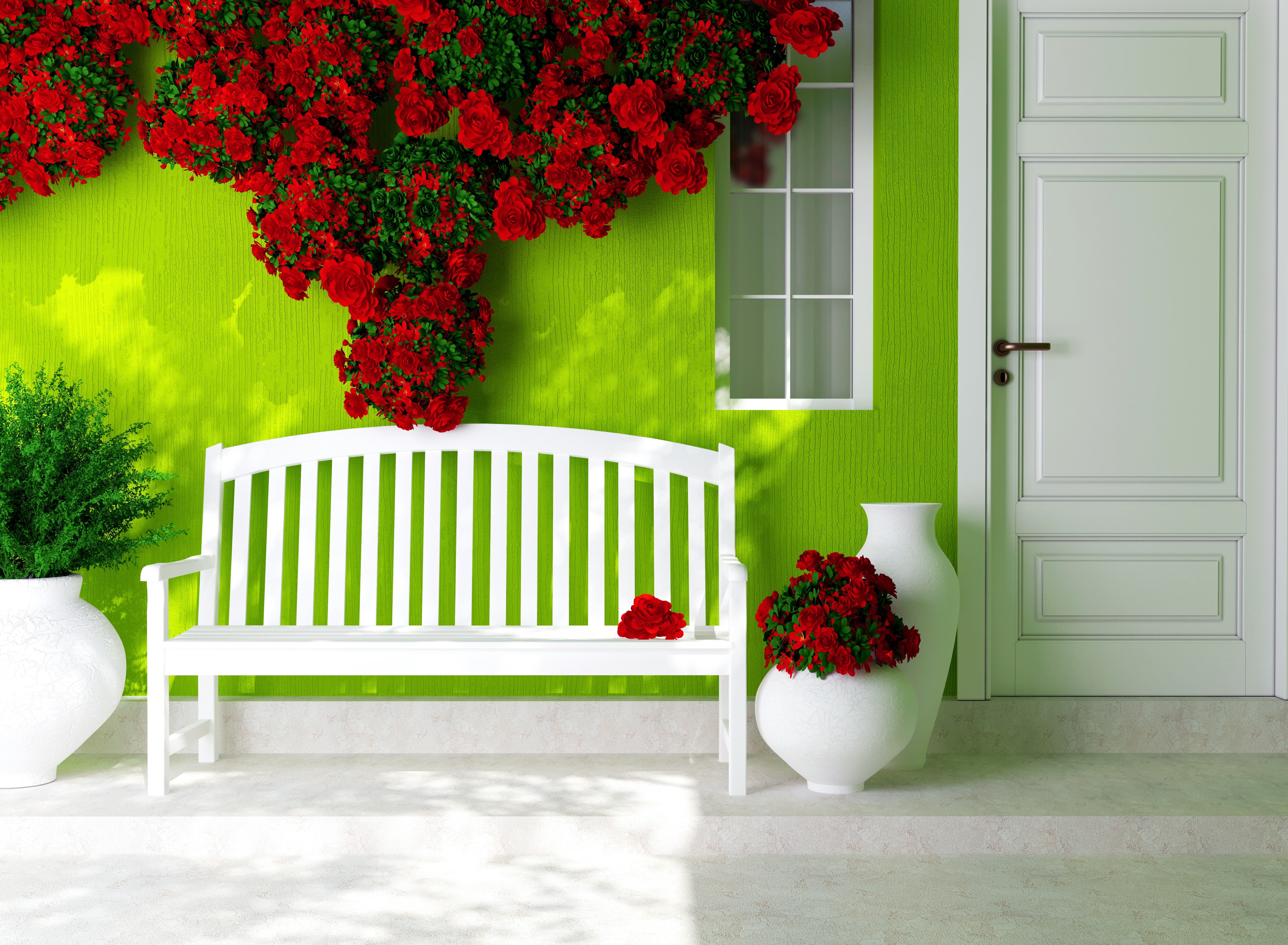 759308 baixar papel de parede feito pelo homem, porta, banco, flor, flor vermelha, vaso - protetores de tela e imagens gratuitamente