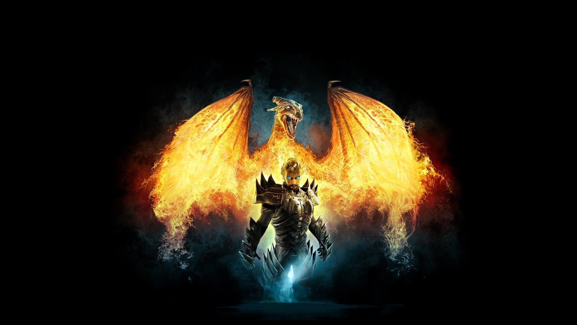 fire, dragons, fantasy, black QHD
