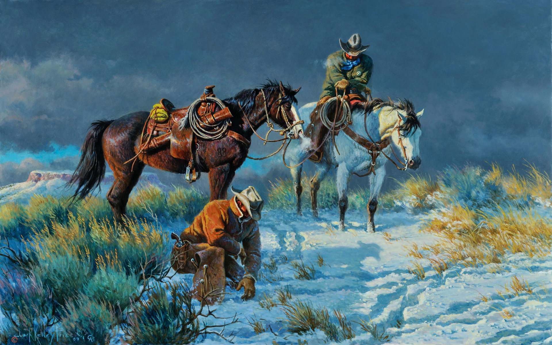 663666 скачать обои ковбой, лошадь, художественные, картина, пистолет, снег - заставки и картинки бесплатно