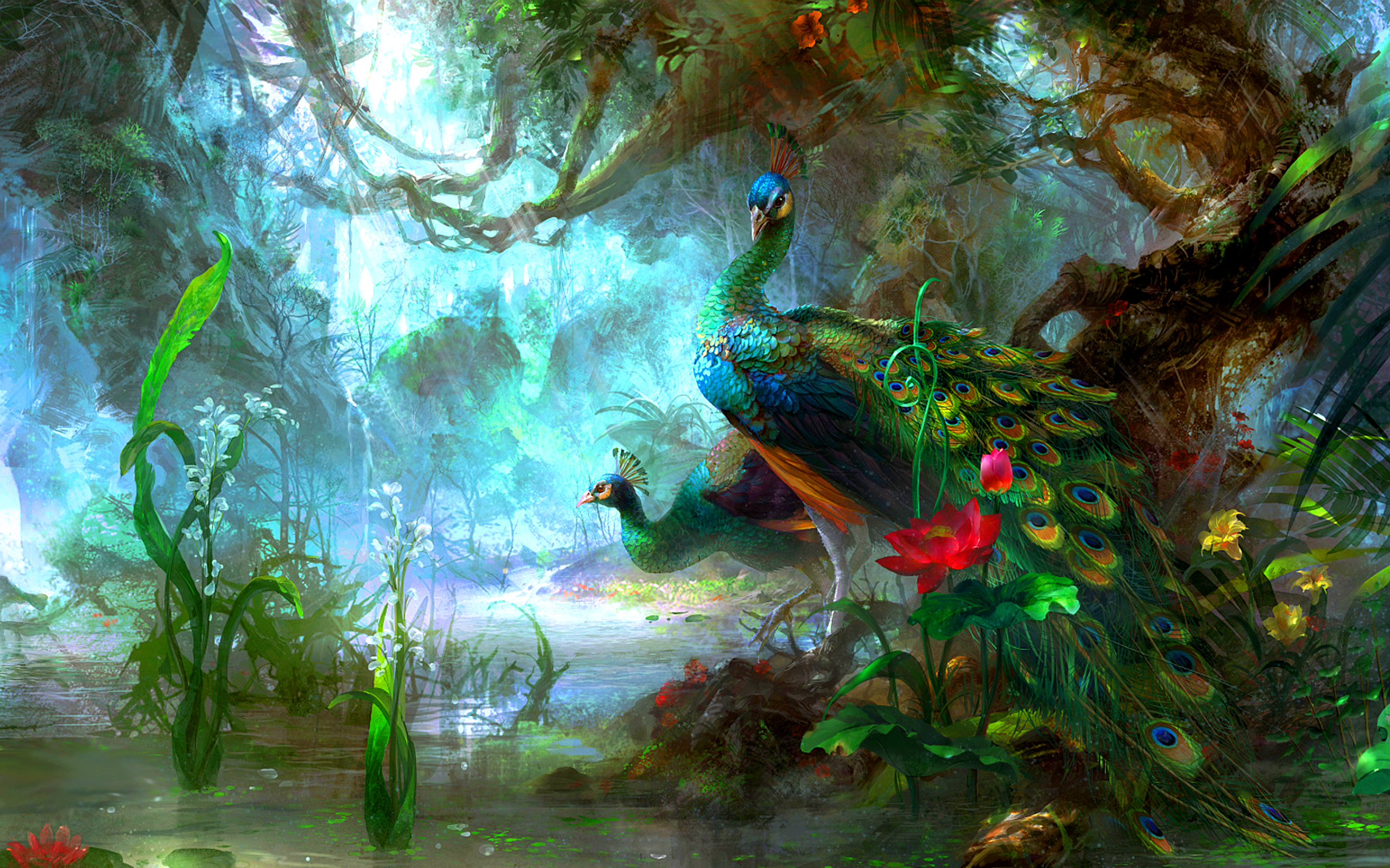 green, forest, animal, birds, peacock, bird 2160p