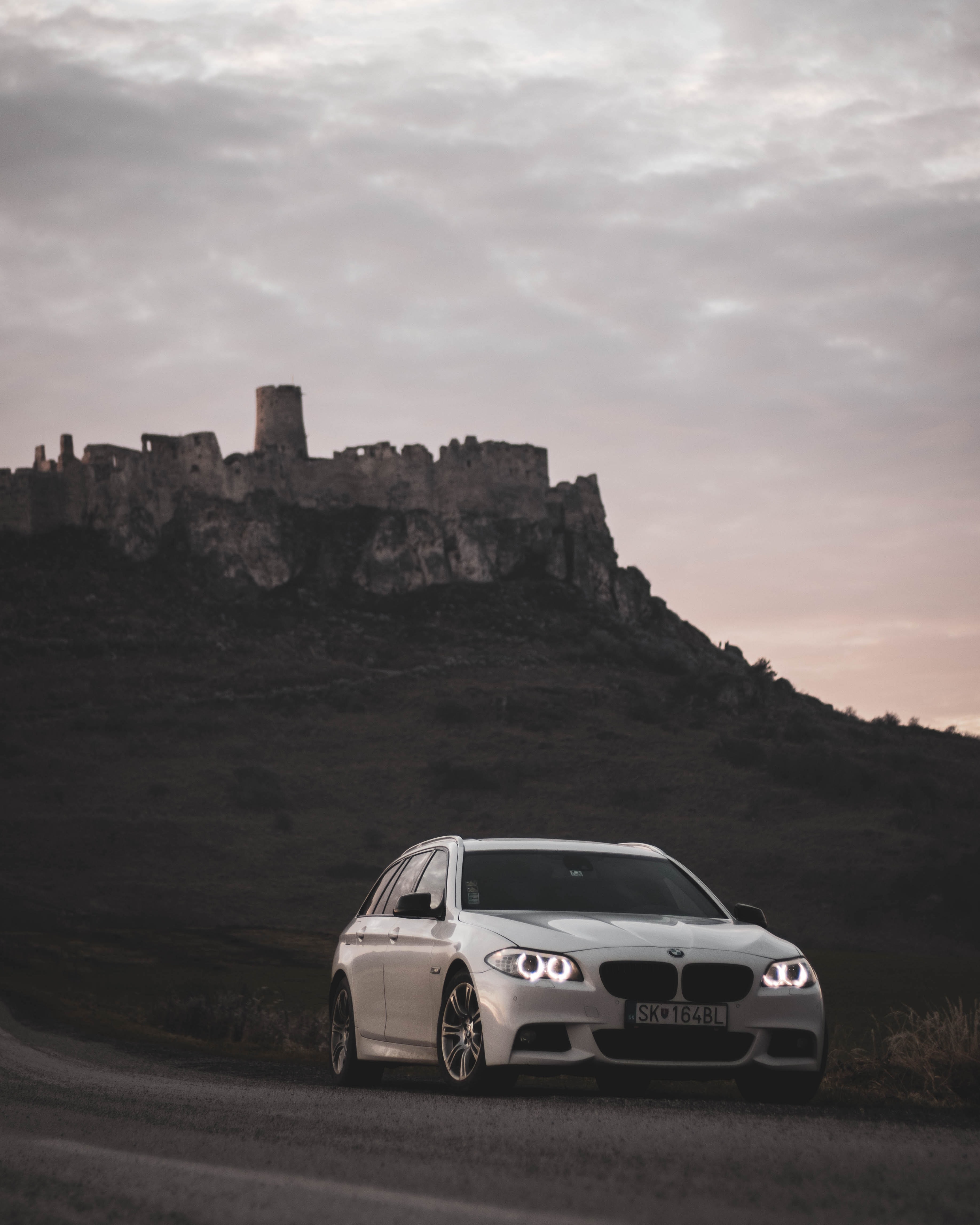 android lock, bmw, cars, white, road, car, ruin, ruins