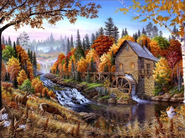 1387252 baixar imagens artistico, paisagem, rio, moinho de água, outono, cair, veado, cervo - papéis de parede e protetores de tela gratuitamente