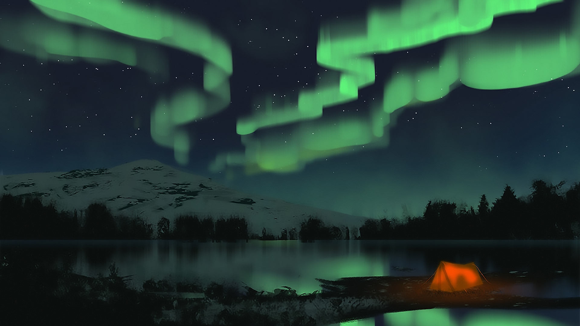 Wallpaper Full HD aurora borealis, fantasy, landscape, lake, mountain, night, stars, tent, tree