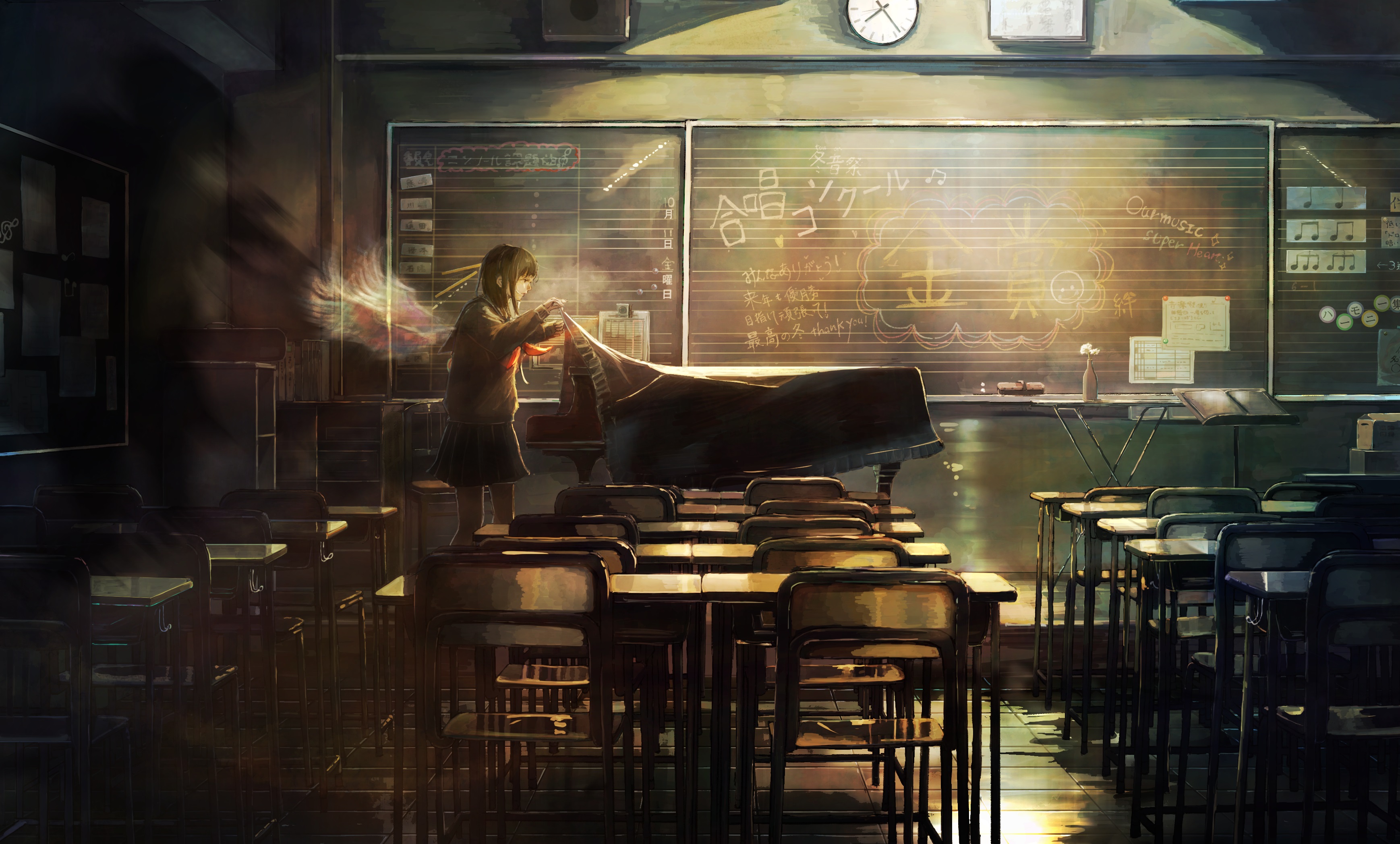 piano, anime, original, classroom, desk download HD wallpaper