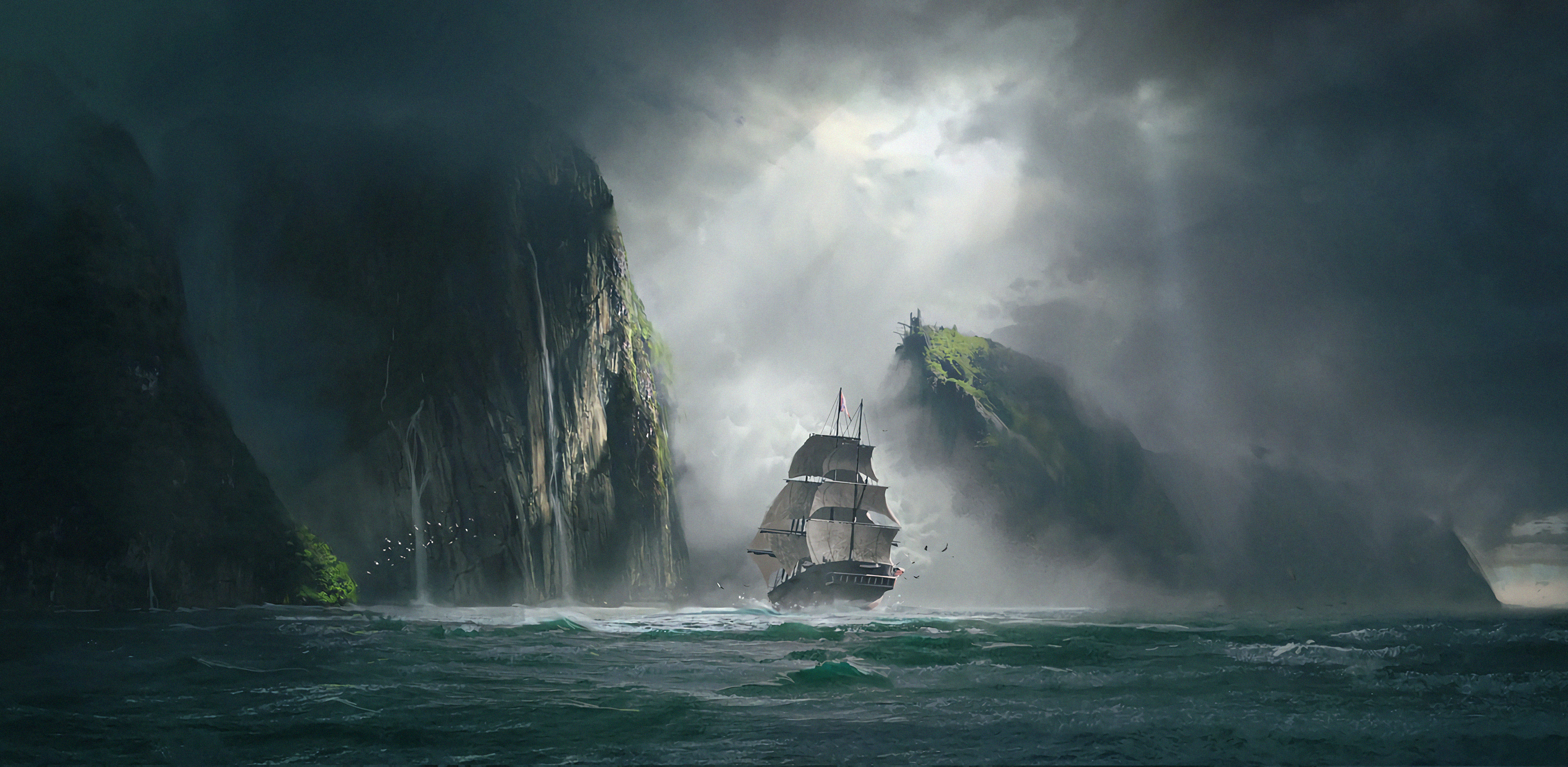 103558 скачать обои корабль, арт, море, скалы, туман - заставки и картинки бесплатно