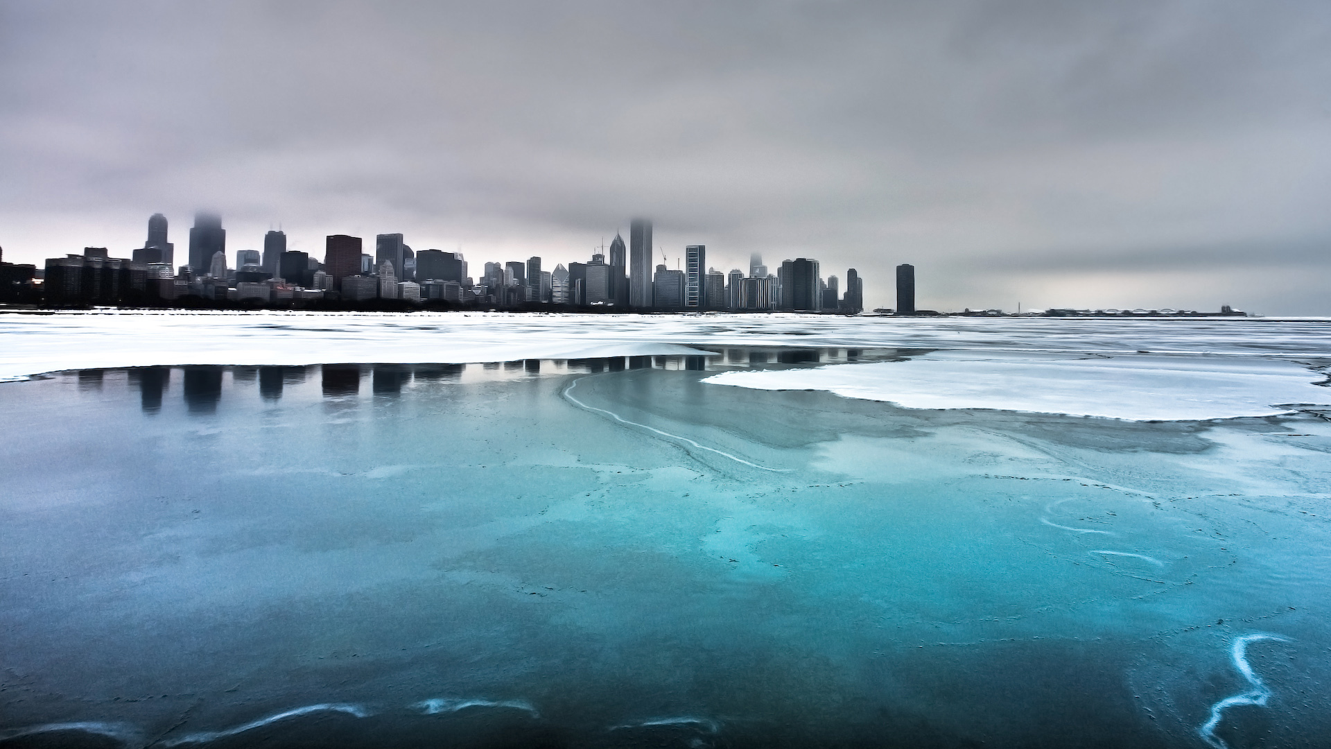 blue, man made, chicago, city, cloud, cold, frozen, ice, landscape, river, snow, winter, cities