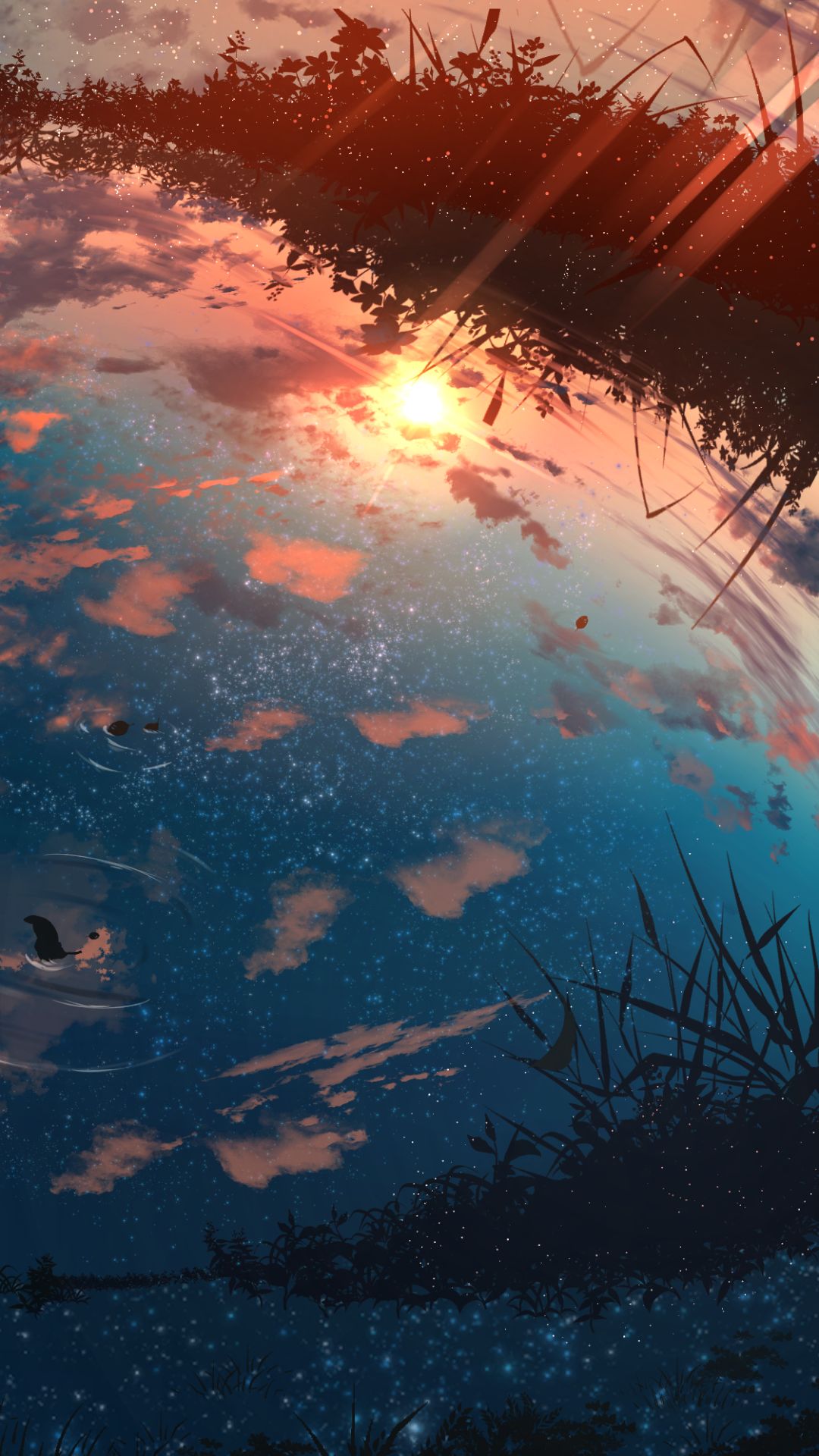 anime, water, sunset, puddle, sky