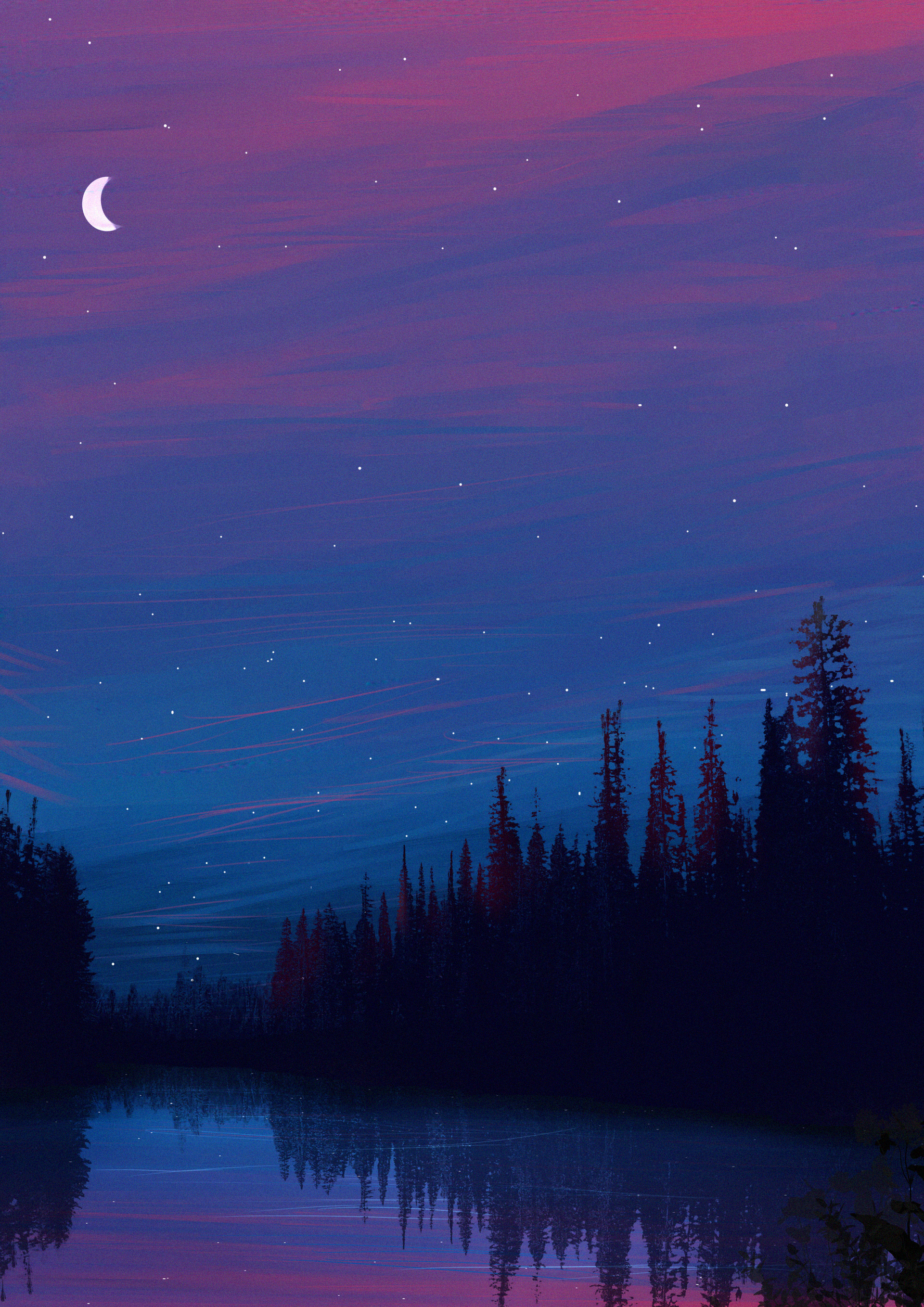 art, starry sky, night, landscape, lake 4K