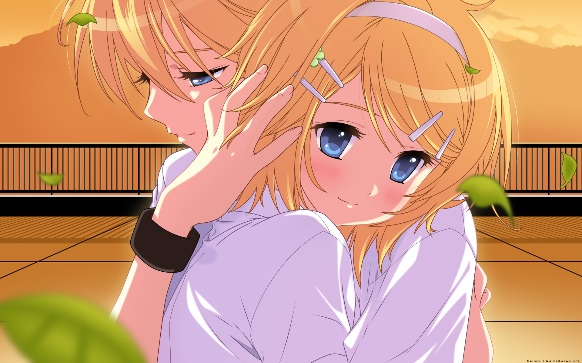 Free download wallpaper Anime, Sunset, Leaf, Blonde, Vocaloid, Blue Eyes, Rin Kagamine, Len Kagamine on your PC desktop