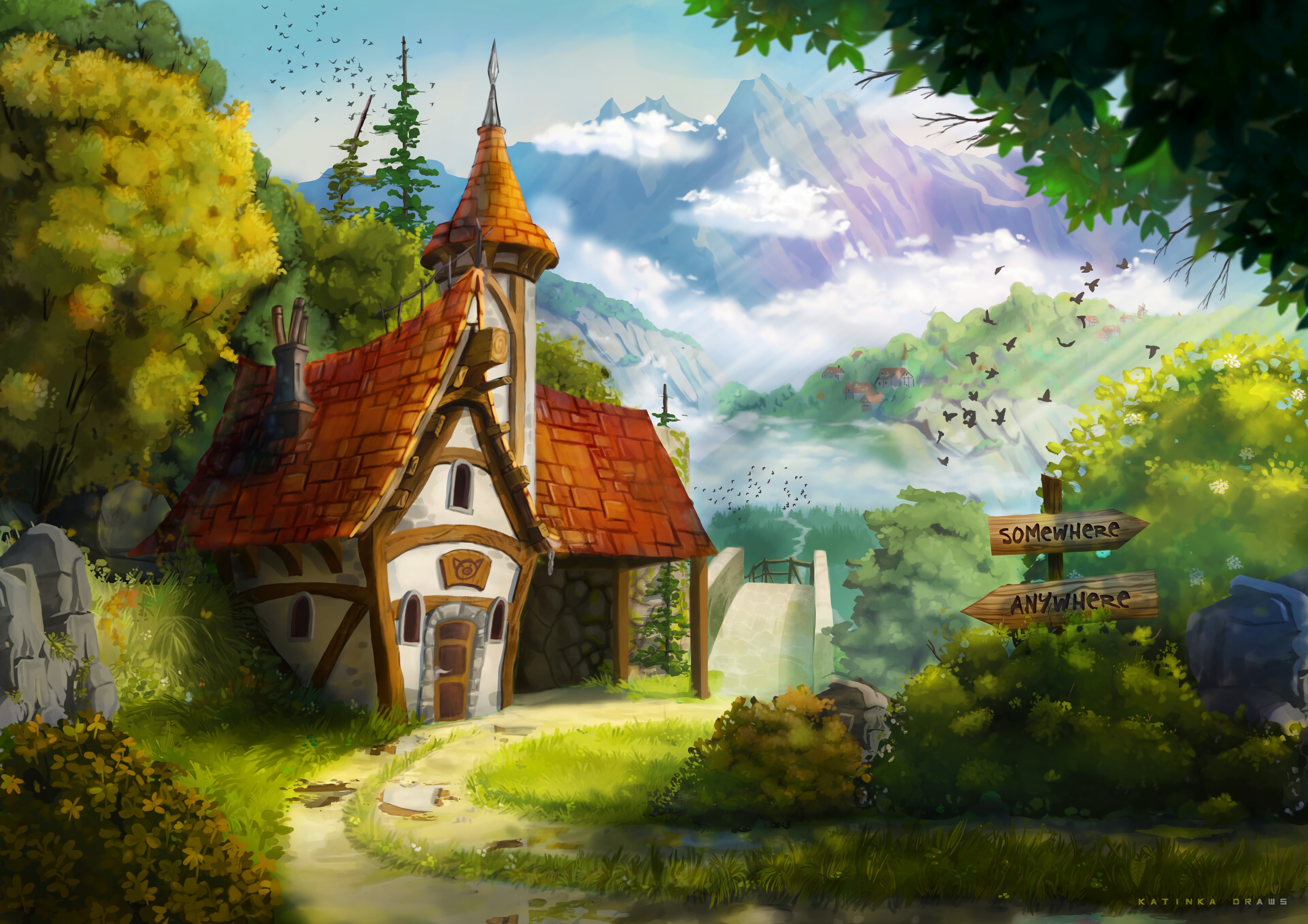 art, small house, fairy tale, landscape, lodge, story