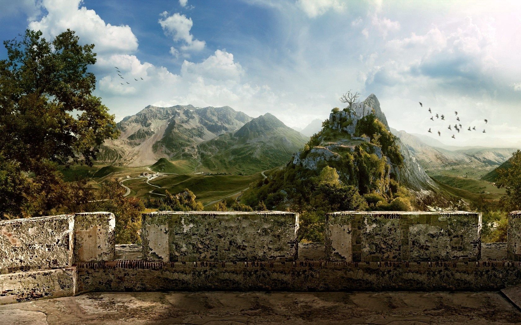 Handy-Wallpaper Stones, Mountains, Clouds, Vogel, Natur, Sky, Struktur kostenlos herunterladen.