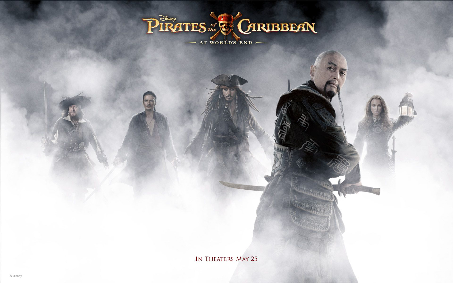 movie, pirates of the caribbean: at world's end, captain sao feng, chow yun fat, elizabeth swann, geoffrey rush, hector barbossa, jack sparrow, johnny depp, keira knightley, orlando bloom, will turner, pirates of the caribbean 1080p