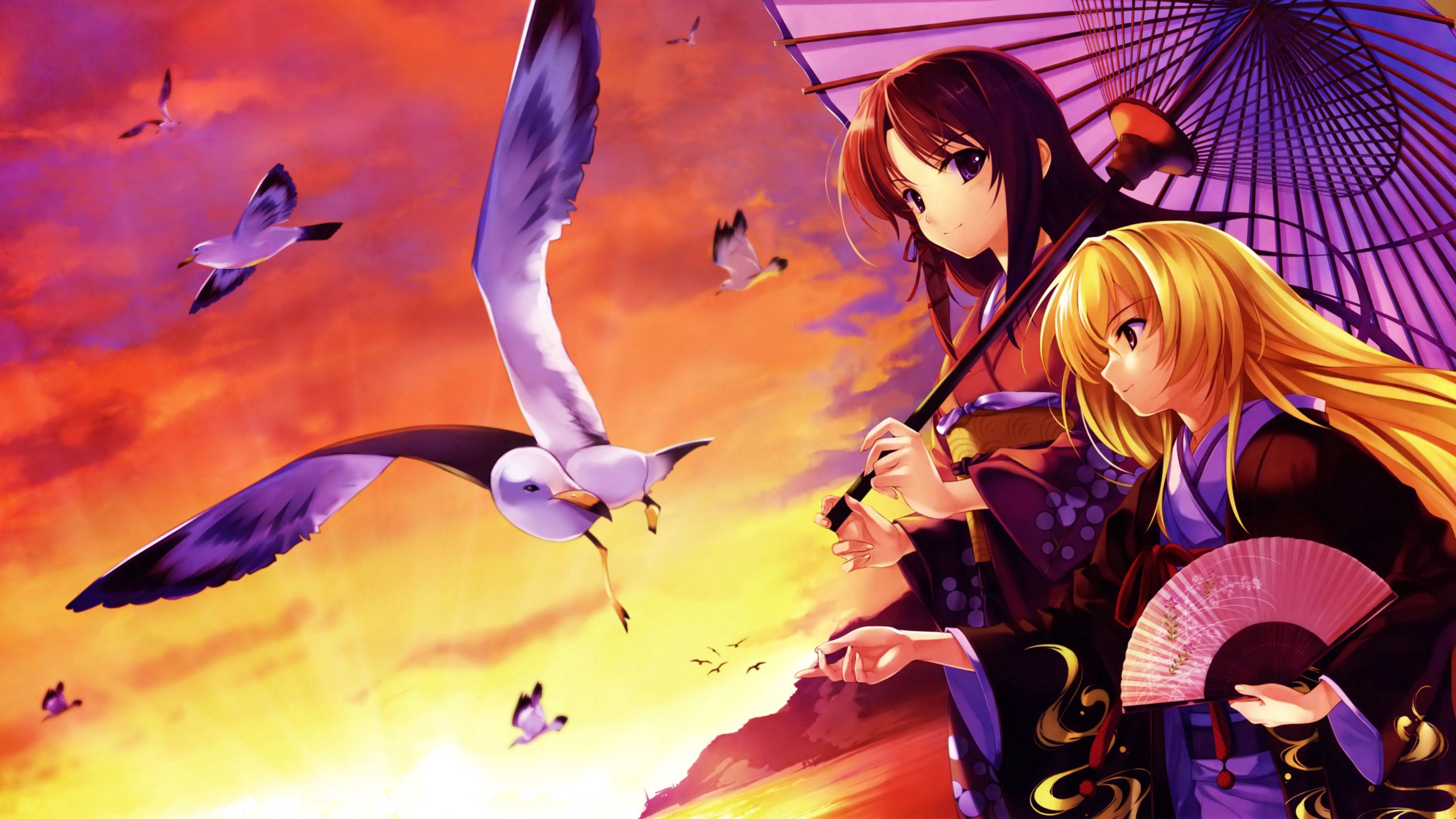 anime, girls, gull, seagull, umbrella, kimono