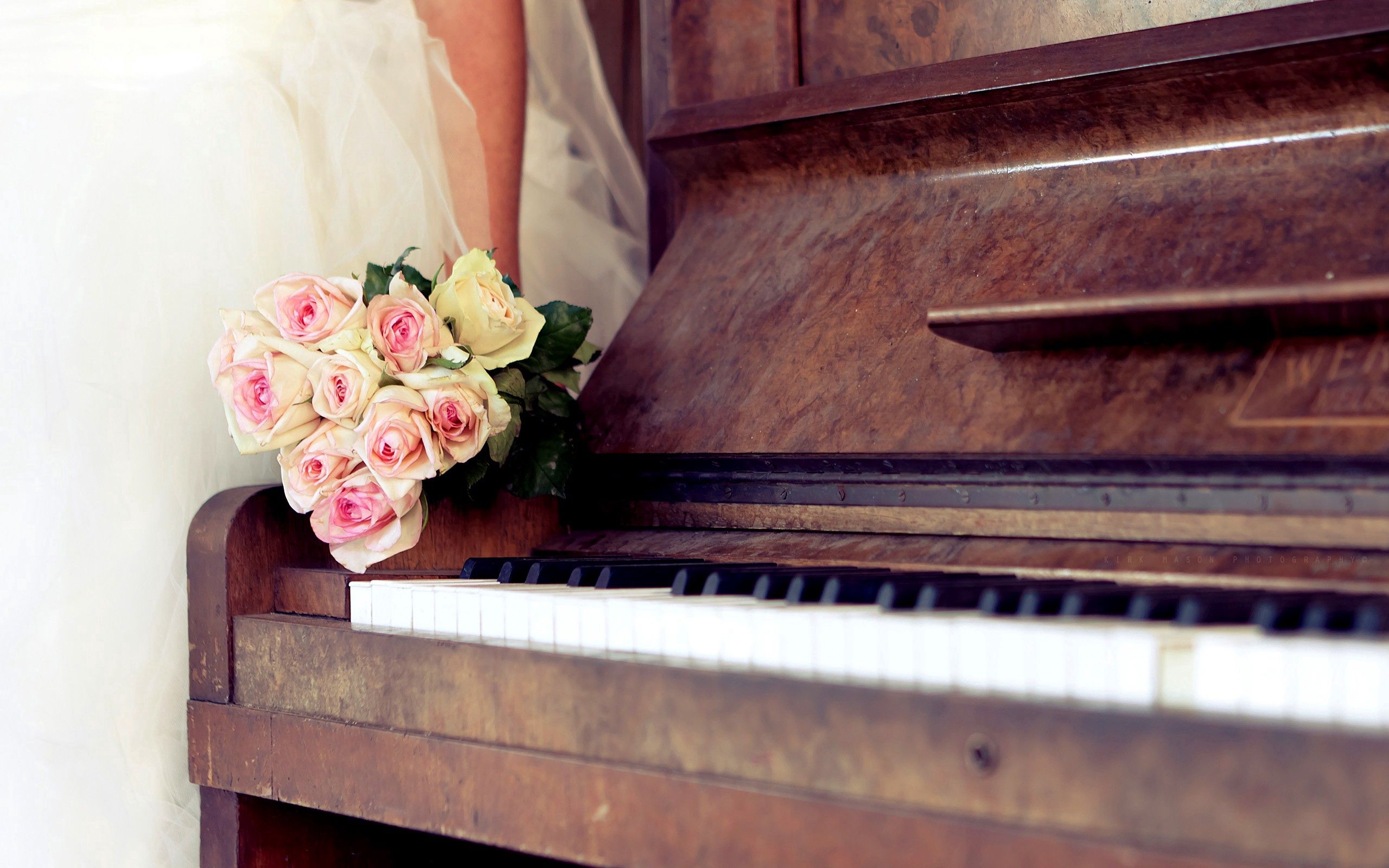 music, flowers, roses, piano, bouquet, bride Panoramic Wallpaper